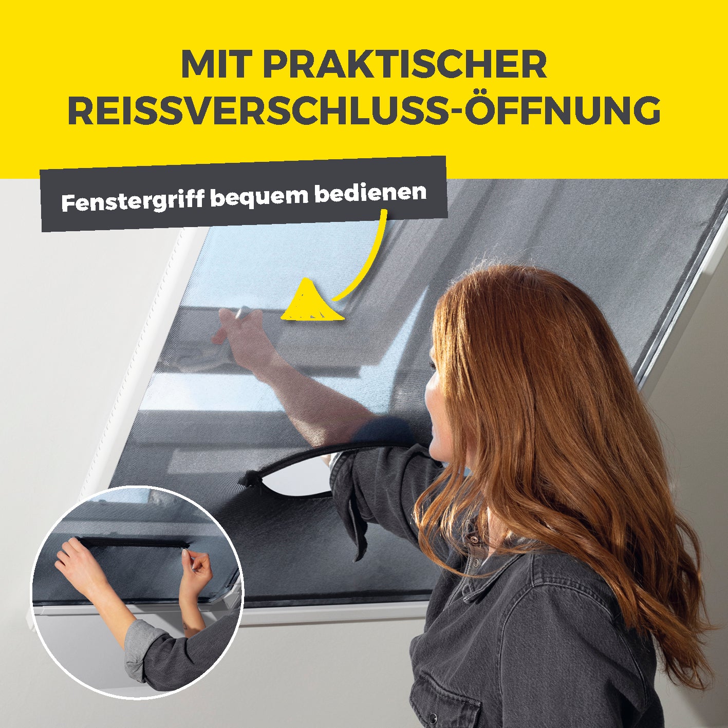 Teleskop-Insektenschutzgitter für Dachfenster - 100 x 160 cm mit praktischem Reißverschluss und bequem erreichbarem Fenstergriff.