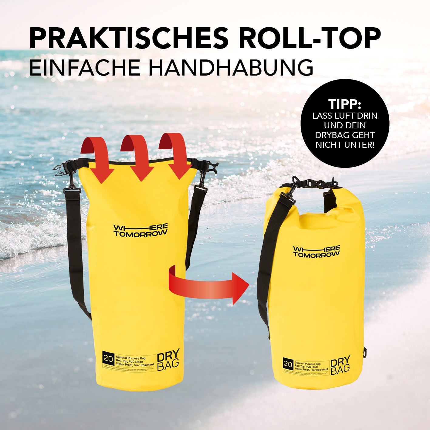 Dry Bag 20L - Style 01 - Gelb mit wasserdichtem Rolltop-Verschluss und verstellbarem Schultergurt für Outdoor-Abenteuer.