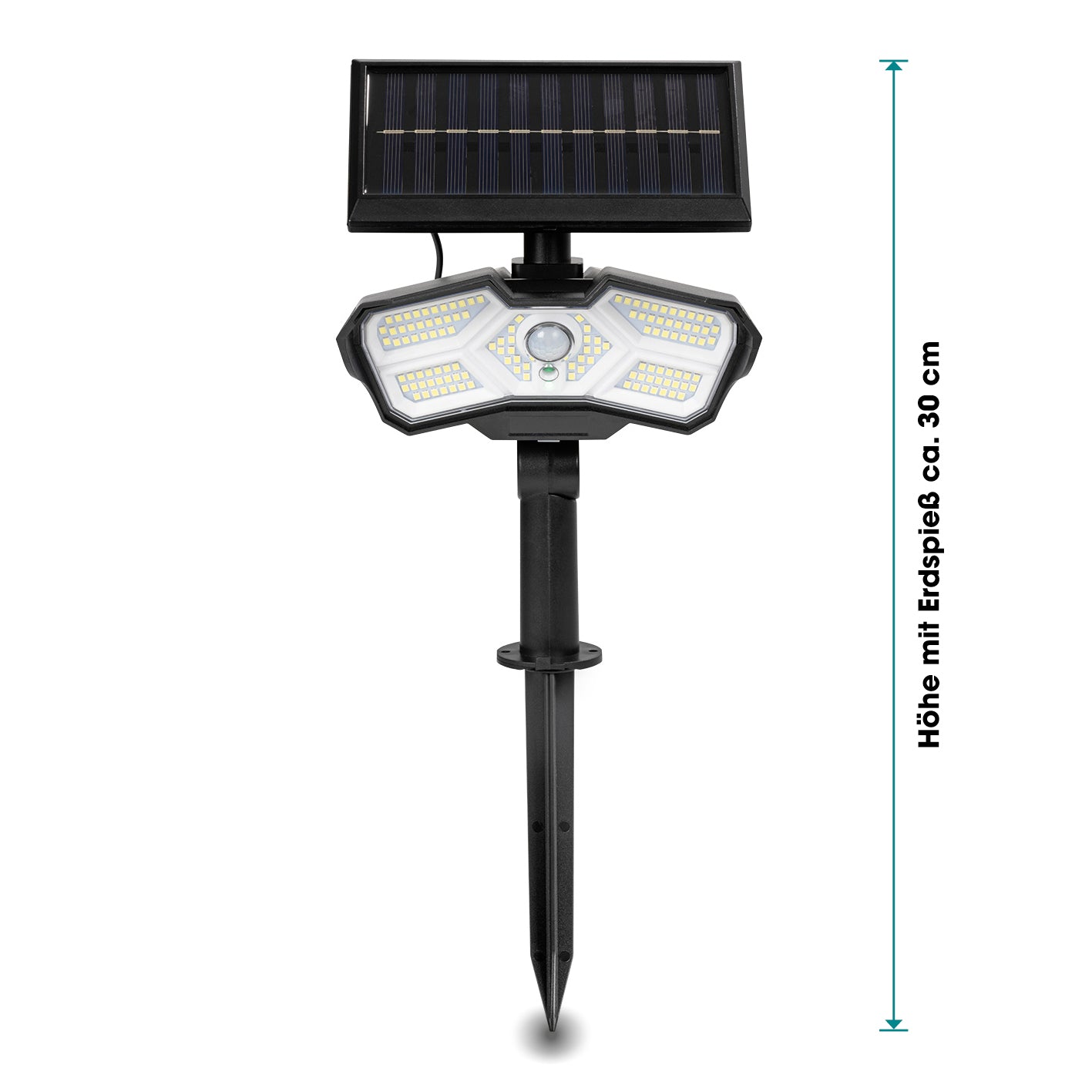 LED-Solarstrahler mit Bewegungsmelder, 30 cm hoch mit Erdspieß, energiesparend, flexibel durch externes Solarpanel mit Bewegungsmelder.