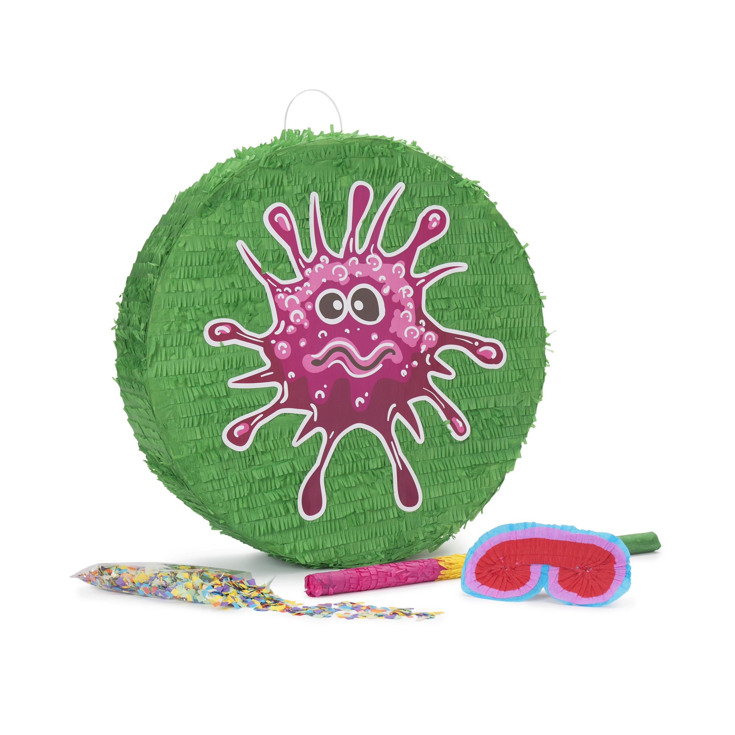 Pinata Set zum Befüllen inkl. Schläger & Augenbinde "Beat The Virus" mit grünem Virus-Design, Konfetti und Zubehör von Lumaland.