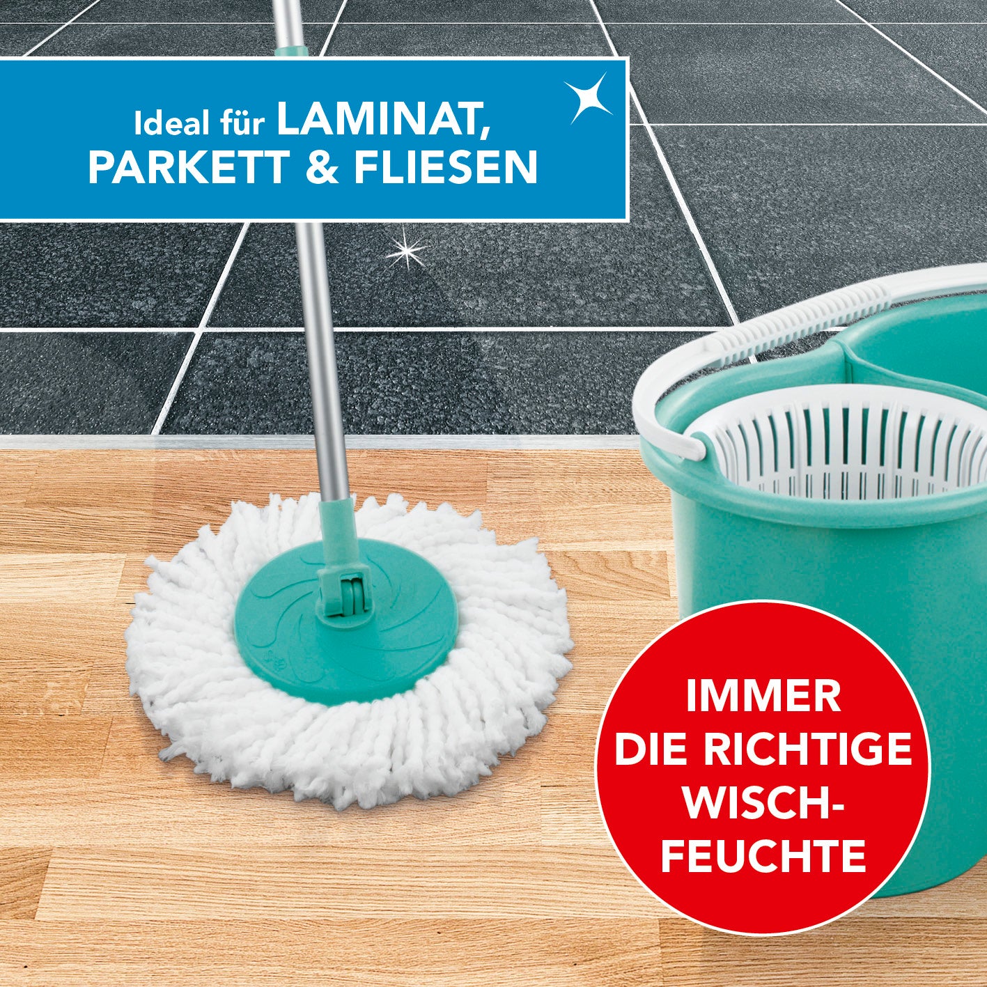 Power-Wischmopp - Zwei-Kammer-Filtersystem - türkis mit Mopp und Eimer für laminat, parkett und fliesen, auswringen ohne bücken.