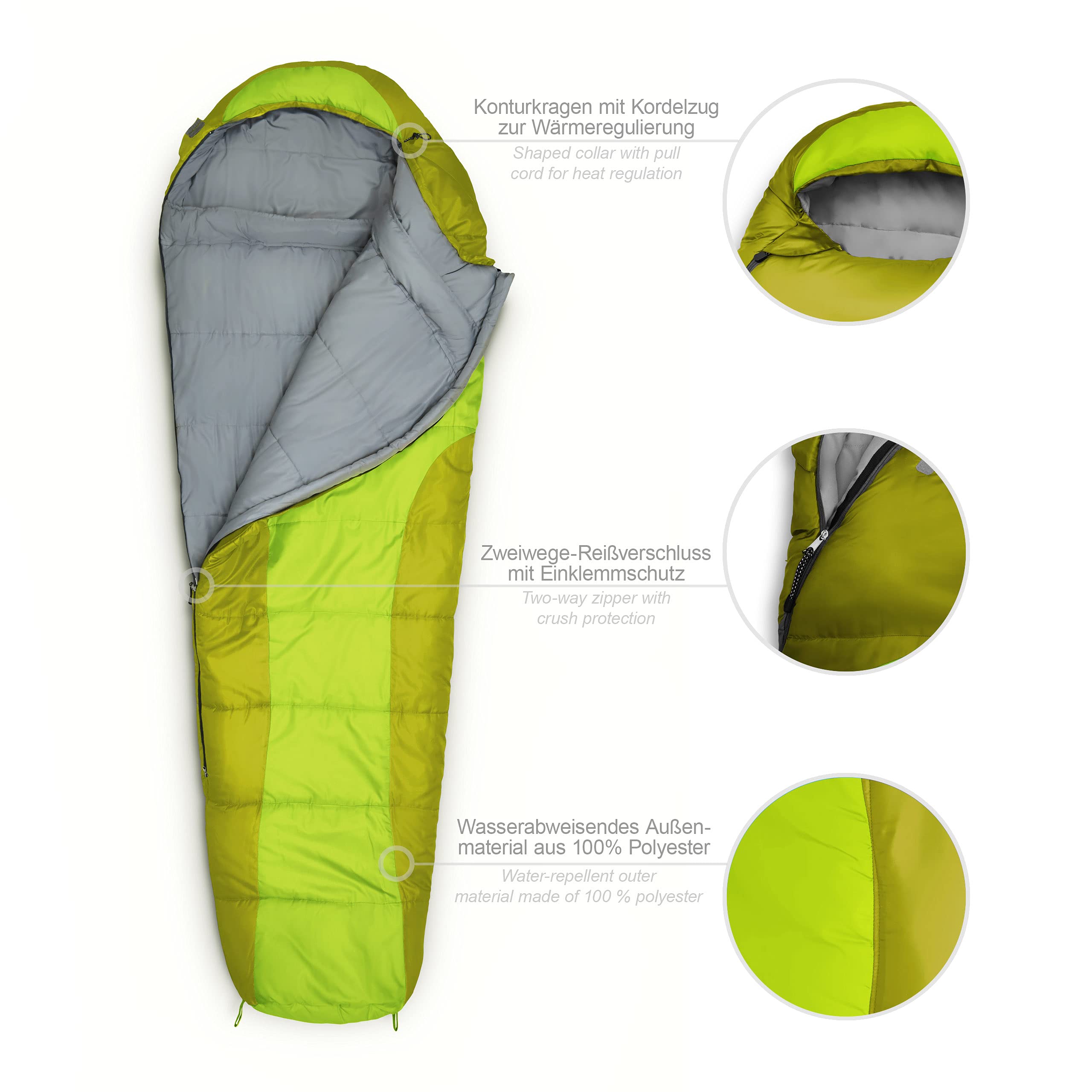 Camping Schlafsack Classic - Mumienschlafsack in Oliv-Hellgrün, wasserabweisend, mit Kordelzug, Zweiwege-Reißverschluss und Packsack.