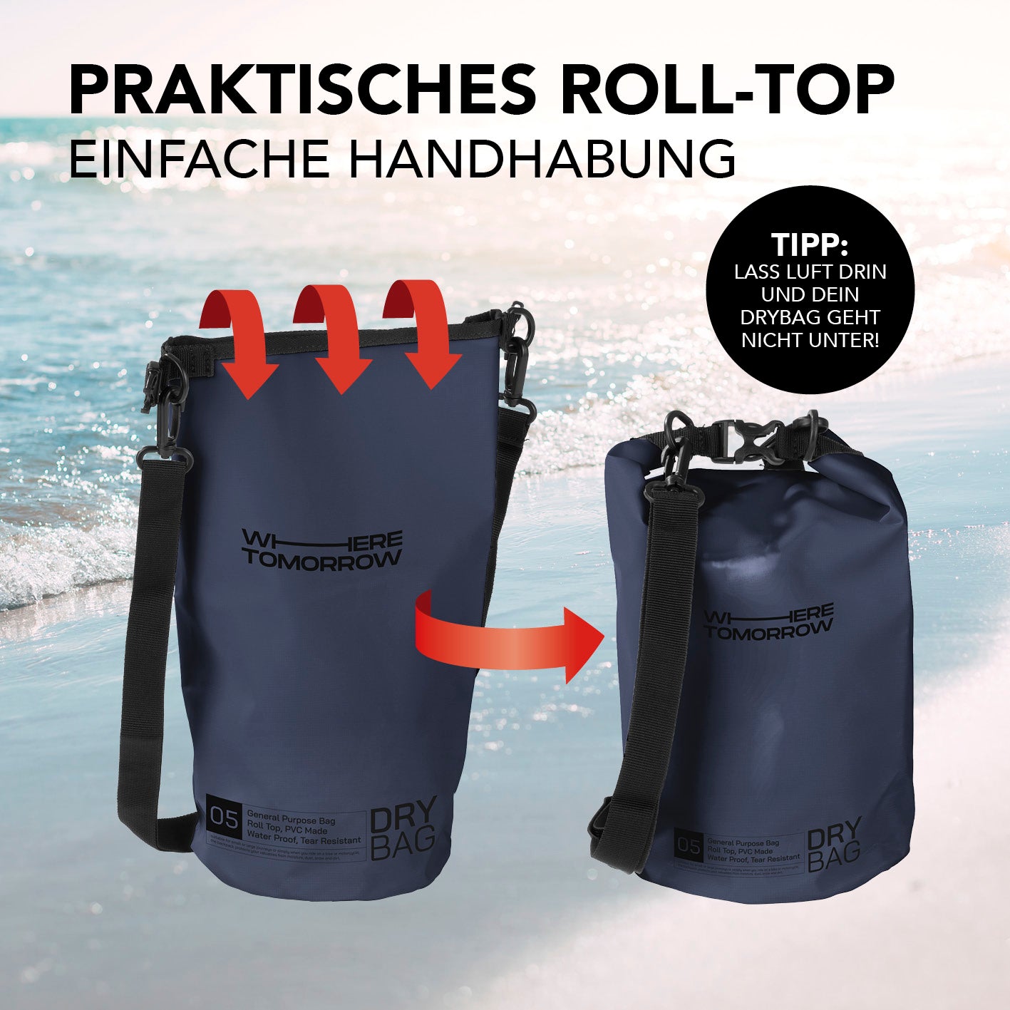 Dry Bag 5L - Style 01 - Dunkelblau mit wasserdichtem Rolltop-Verschluss und verstellbarem Schultergurt für Outdoor-Abenteuer.