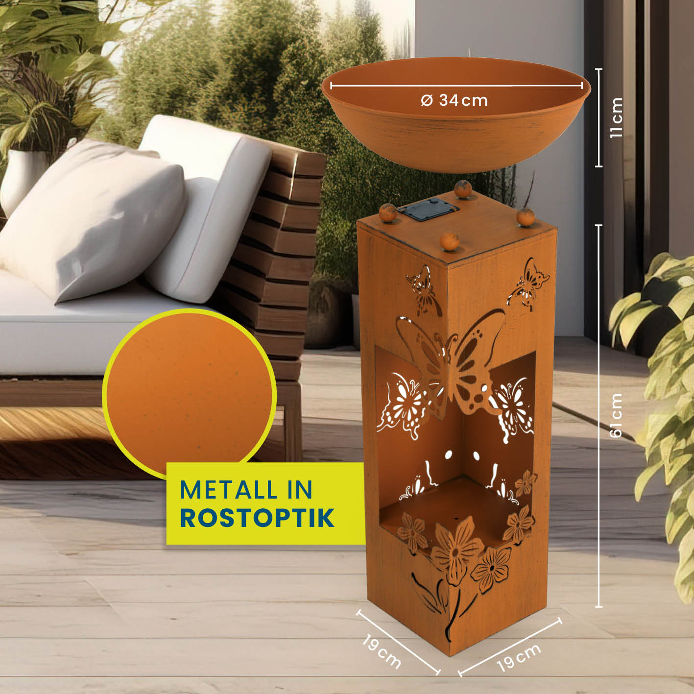 LED Pflanzsäule "Schmetterling" in 3D Rost-Optik, 19x19x72 cm, mit abnehmbarer Pflanzschale und LED-Beleuchtung, wetterbeständig.