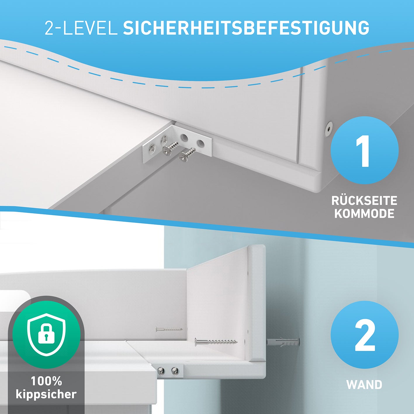 Wickelaufsatz HappyBaby - Weiß - 85 x 75 x 13 cm mit 2-Level Sicherheitsbefestigung für IKEA Hemnes Kommoden, extra stabil und kippsicher.