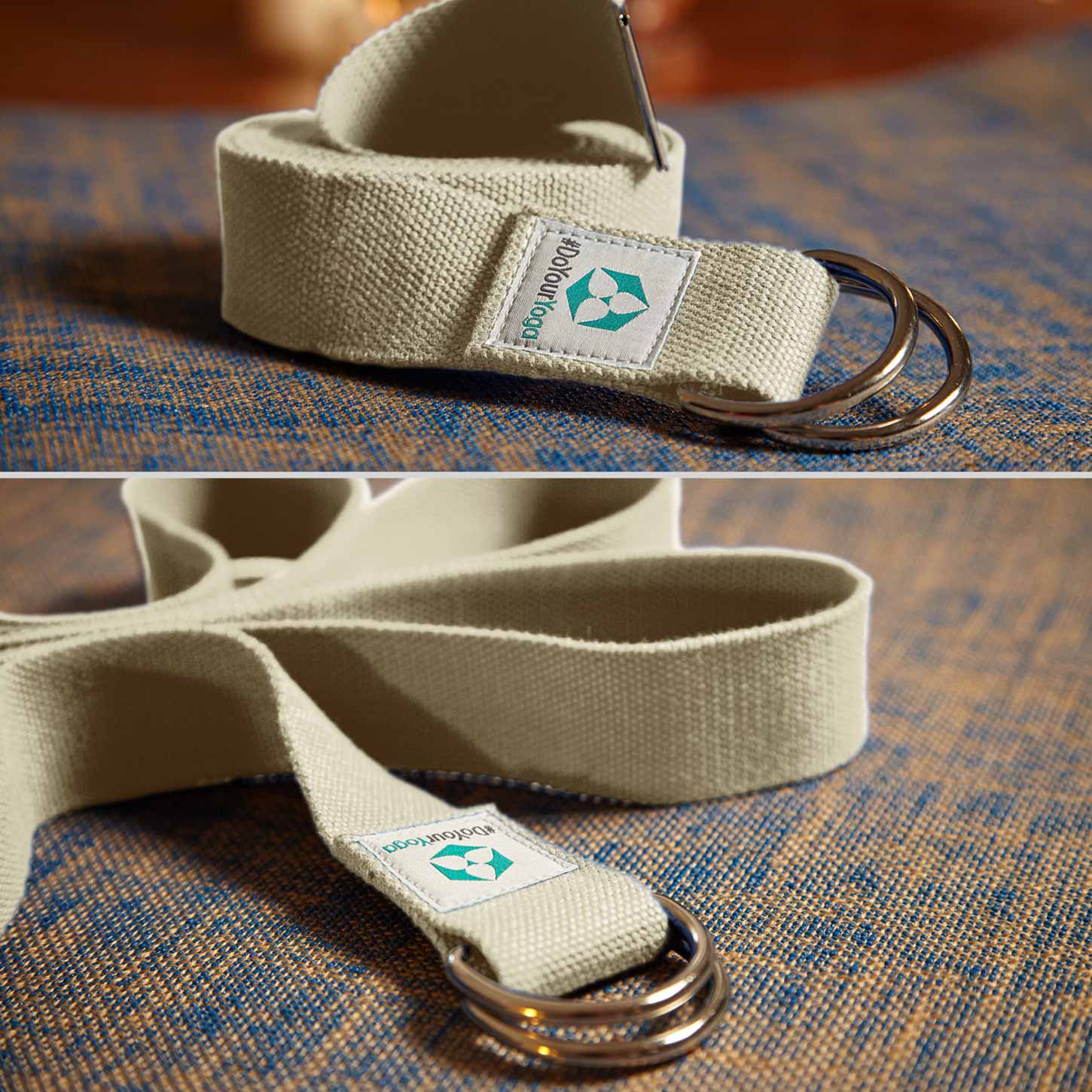 Yogagurt Madira - 100% Baumwolle - 250 x 3,8 cm - Beige, strapazierfähig und ideal für Yoga-Dehnübungen und Flexibilität.