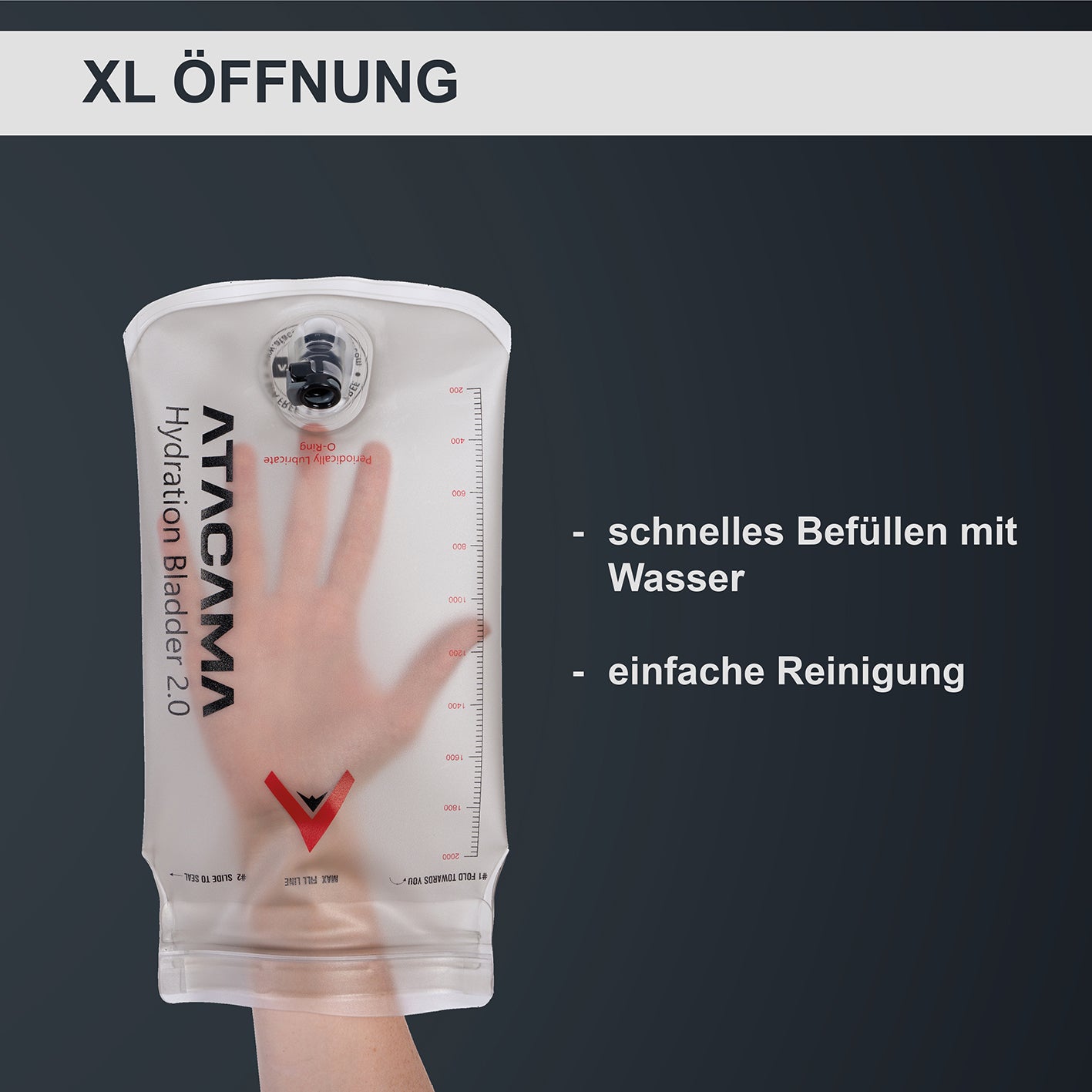 Trinkblase 2 Liter für Trinksystem mit XL Öffnung für schnelle Befüllung und einfache Reinigung, ideal für Outdoor und Wandern.
