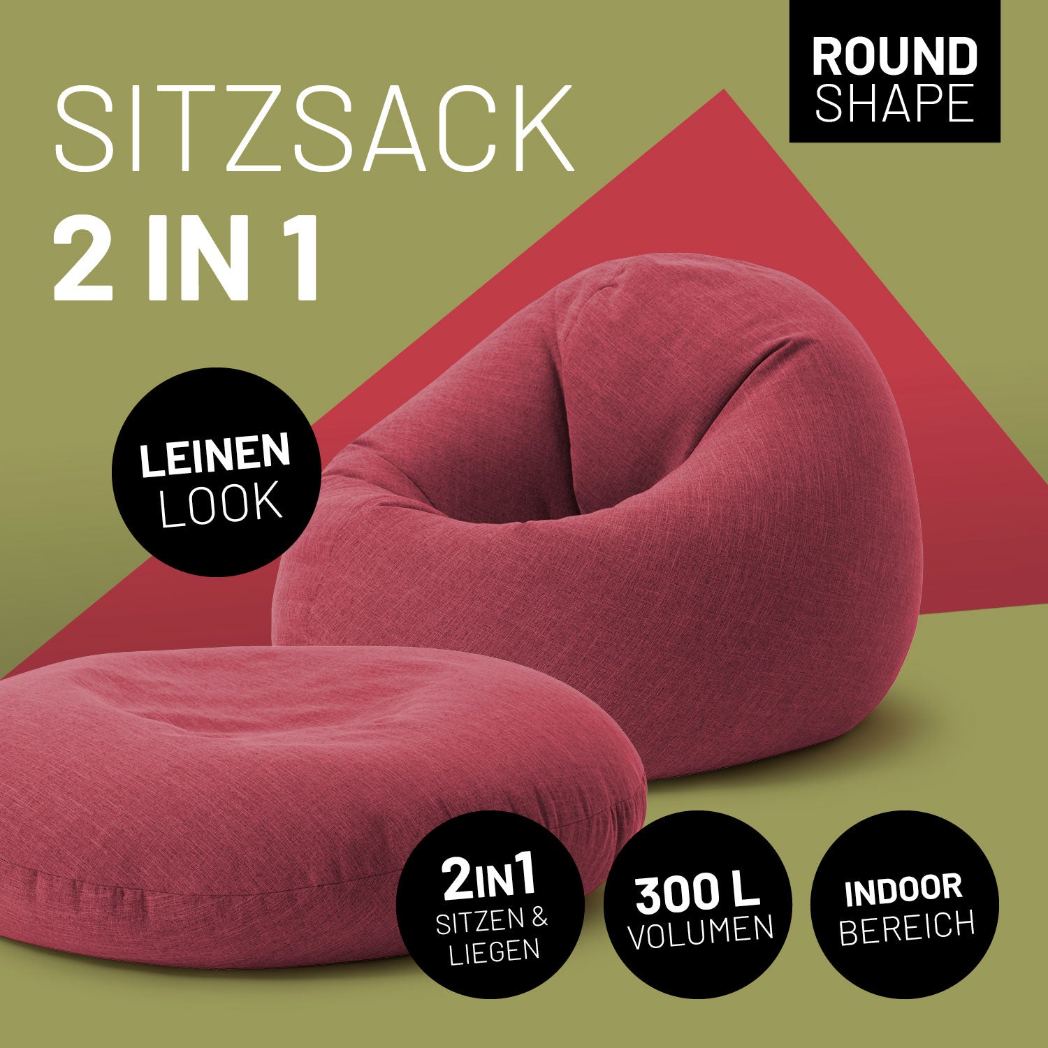 Sitzsack Interior Line (300 L) - indoor - Rot, weicher 2-in-1 Sitzsack mit Leinenlook, rund, für drinnen, Volumen 300 Liter.