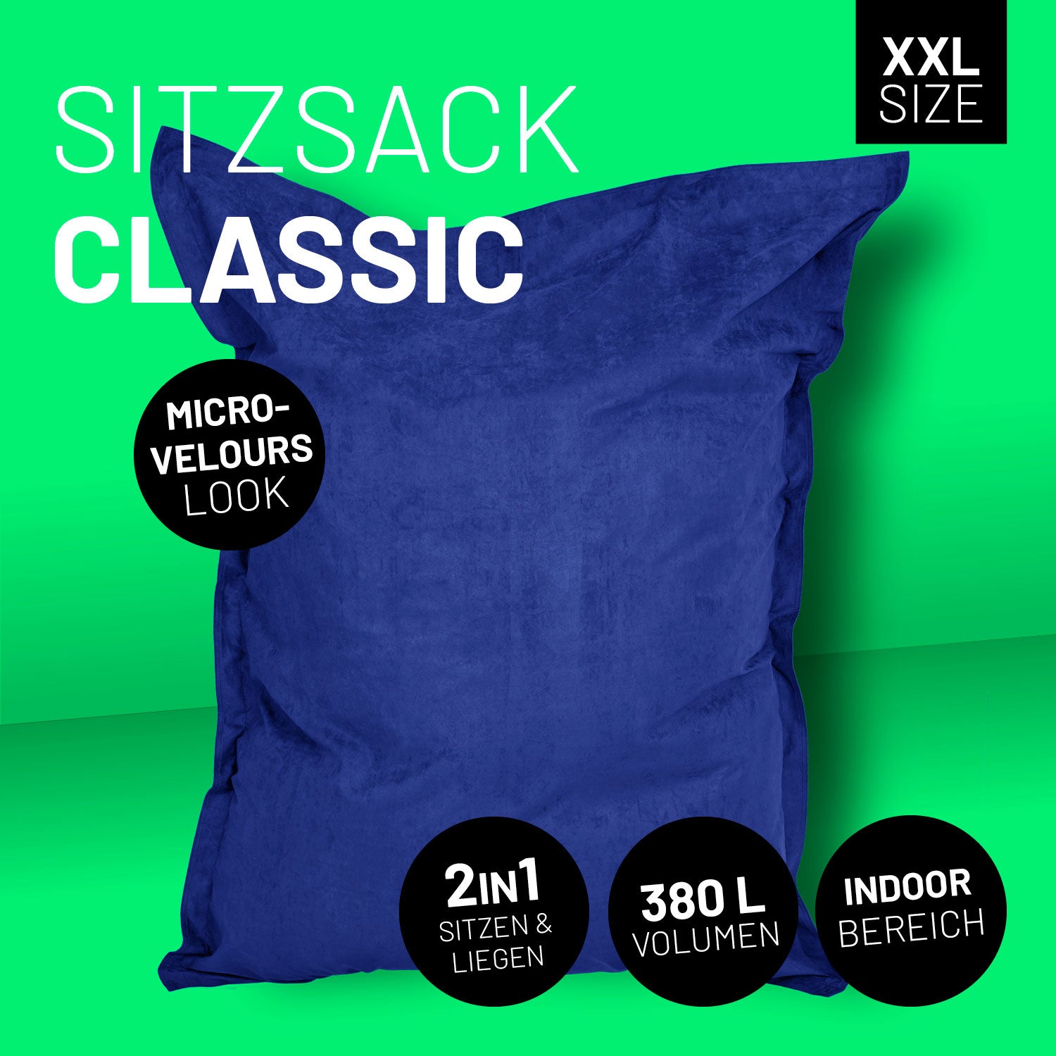 XXL Microvelours Sitzsack (380 L) Royalblau, stilvoller Indoor Sitzsack in Microvelours-Optik, 2in1 Sitz- und Liegefläche, 380 Liter Volumen.