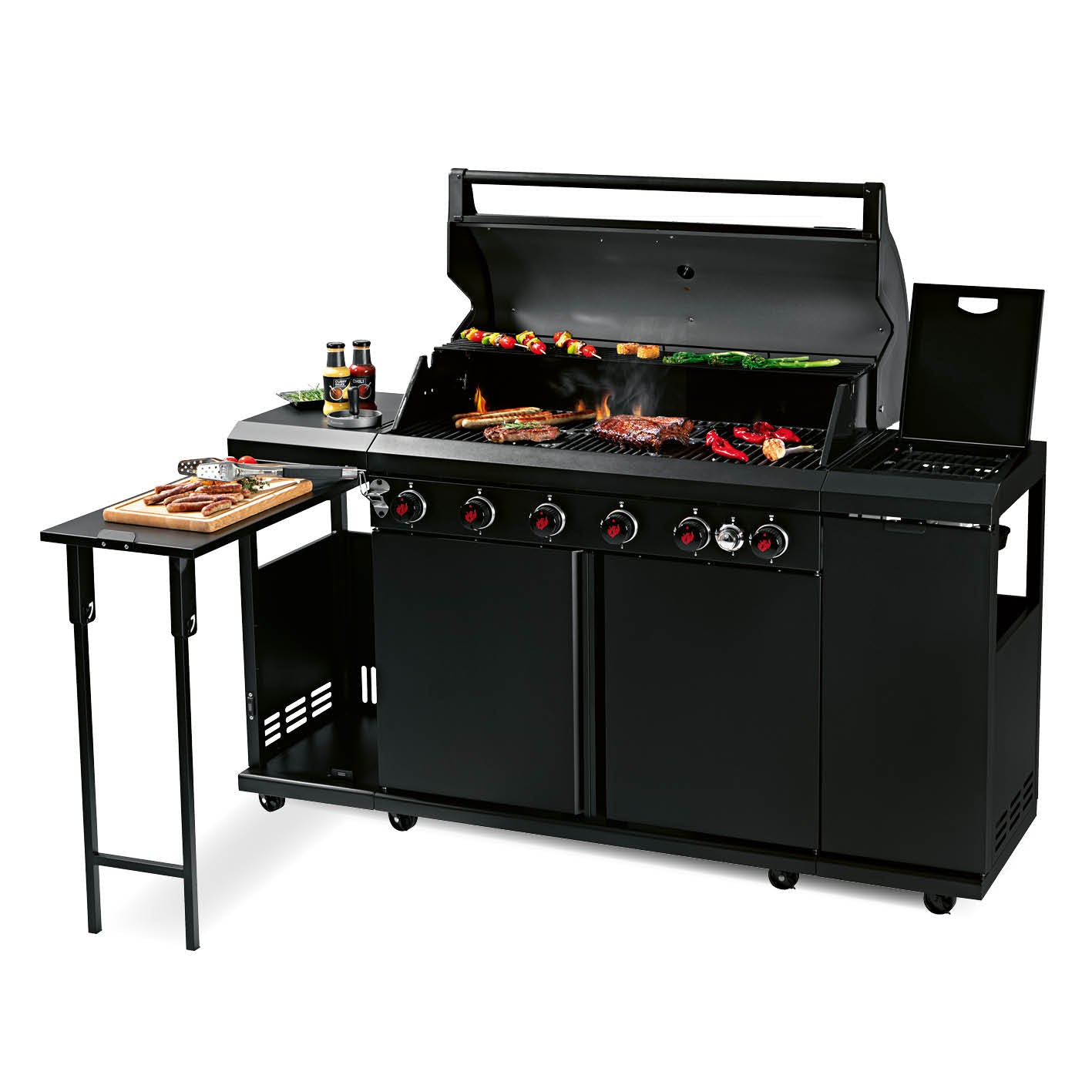 Gasgrill 6.1 mit 6 Edelstahlbrennern, großer Grillfläche, Warmhalterost, Seitentischen und Unterschrank für bis zu 12 Personen.