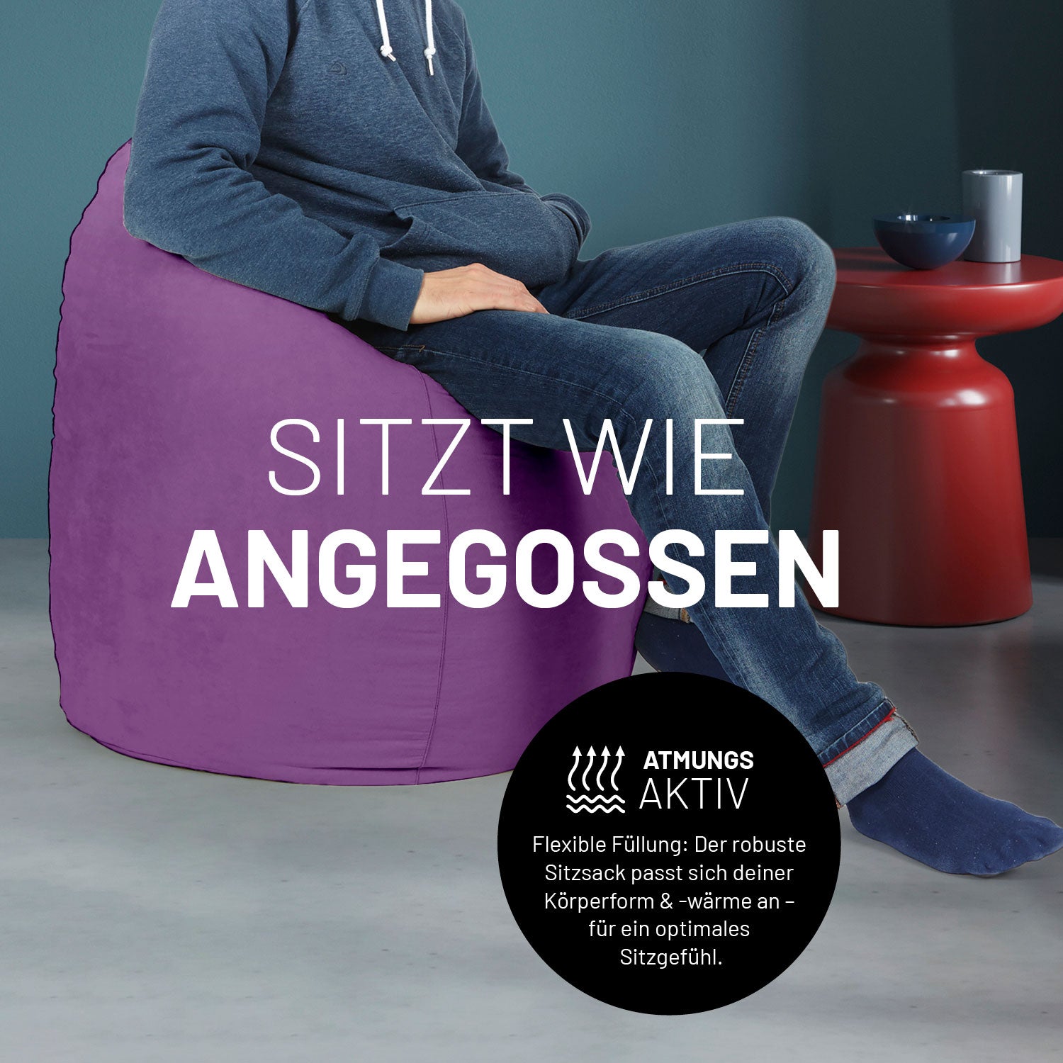 Luxury XL Sitzsack (120 L) - indoor - Lila von Lumaland, bequemer, atmungsaktiver Sitzsack für modernes Wohnen und Entspannung.