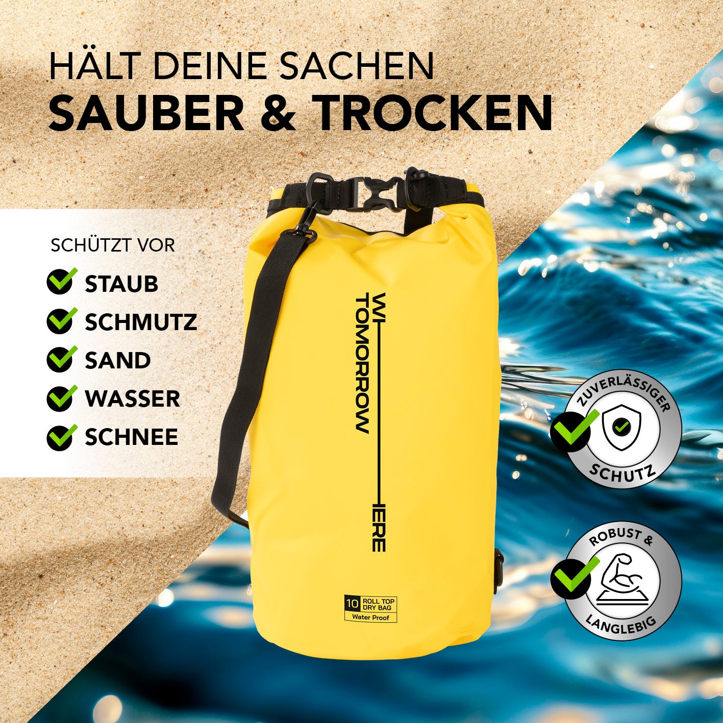 Dry Bag 10L - Style 02 - Gelb, wasserdichter & robuster Outdoor-Rucksack mit Rolltop-Verschluss zum Schutz vor Wasser, Sand, Staub und Schnee.