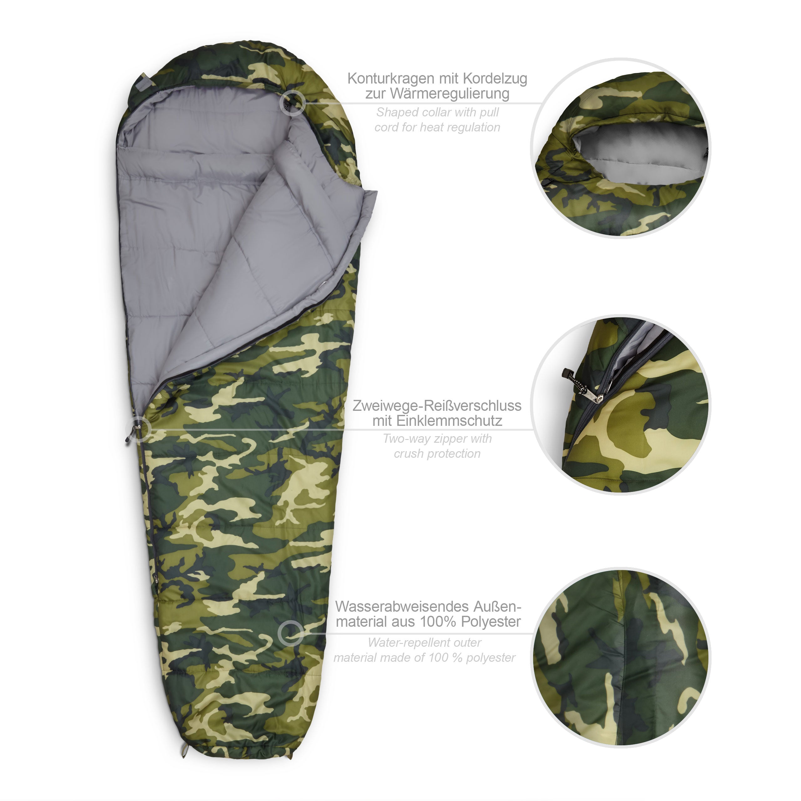 Camping Schlafsack Classic - Mumienschlafsack in Camouflage Grün mit wasserabweisendem Polyester und Konturkapuze für optimale Wärme.