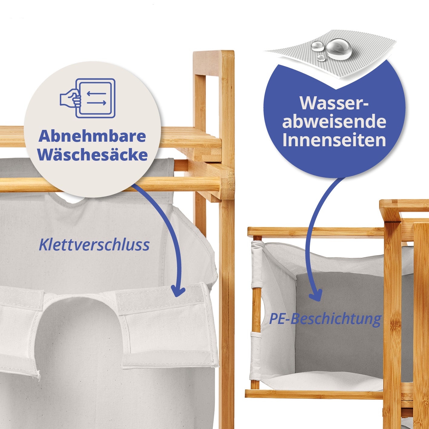 Bambus Wäschekorb mit 2 ausziehbaren Wäschesäcken - wasserabweisend, abnehmbare Säcke mit Klettverschluss, 73 x 64 x 33 cm weiß.