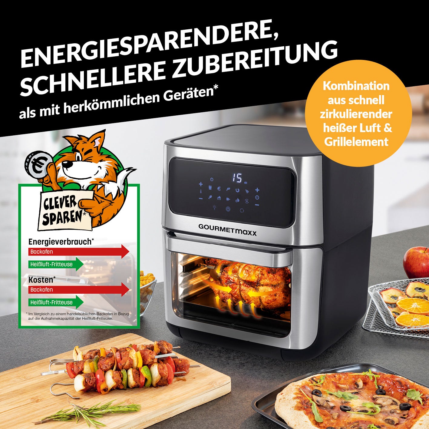 Heißluft-Ofen Digital mit Sichtfenster - 12l mit Touchdisplay, Innenbeleuchtung und Heißluftfunktion für fettarmes Garen.