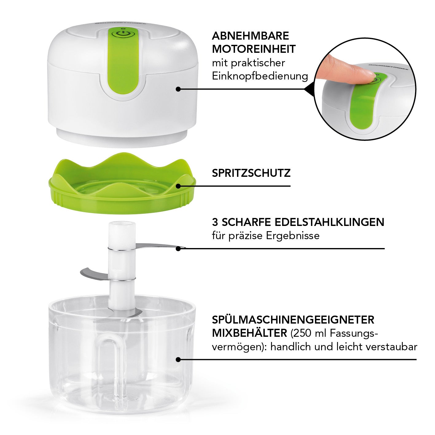 Multi-Zerkleinerer inkl. USB-Kabel - 250 ml, weiß/limegreen mit abnehmbarer Motoreinheit, Spritzschutz und spülmaschinengeeignetem Mixbehälter.