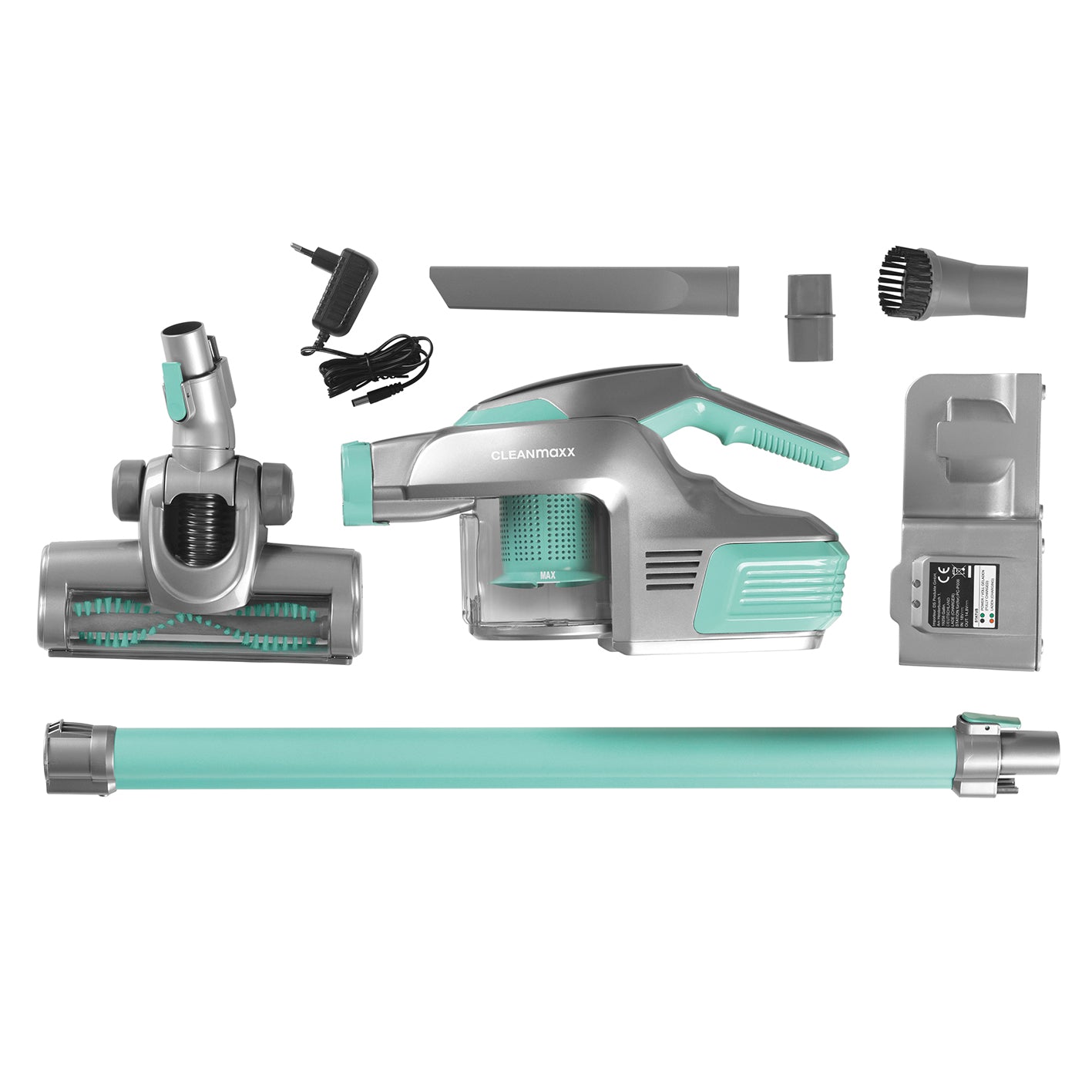 Akku-Zyklon-Staubsauger türkis/grau mit Aluminium-Steckrohr, Zubehör, Wandhalterung und Ladestation, vielseitig und leicht entleerbar.