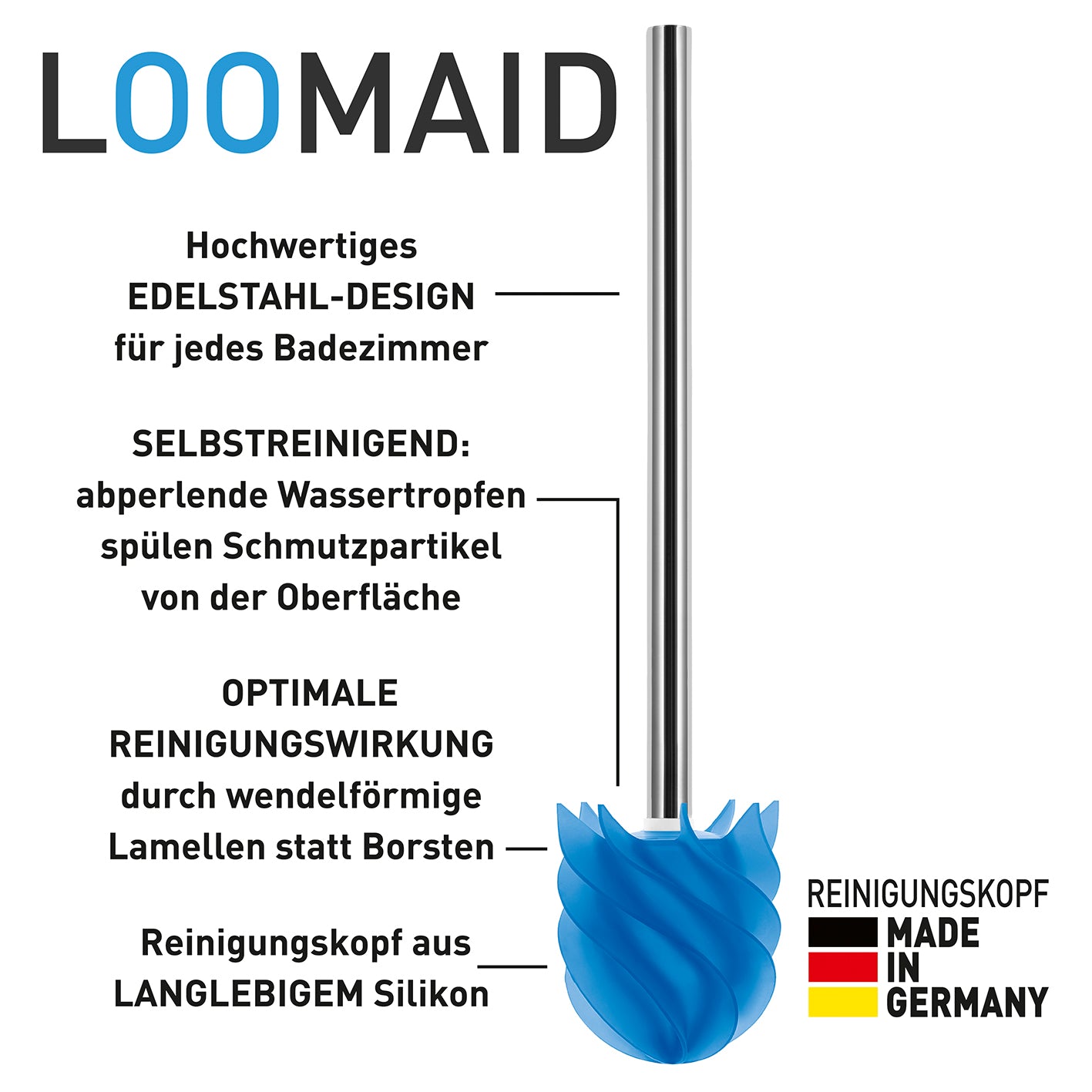WC-Bürste Silikonkopf Edelstahl/blau mit Bürstenhalter, selbstreinigender Silikonkopf, langlebig, hygienisch, mit Lotoseffekt und Edelstahl-Design