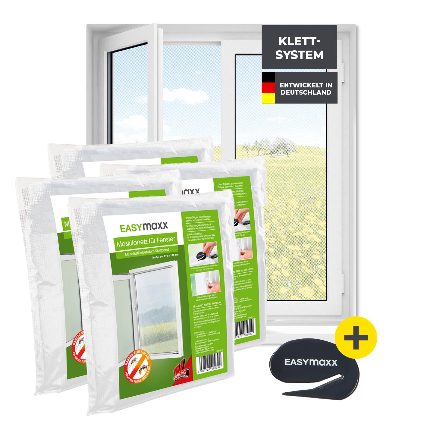 Moskitonetz für Fenster mit selbstklebendem Klettband - 4er-Set - 110 x 130 cm - Weiß, schützt effektiv vor Insekten.