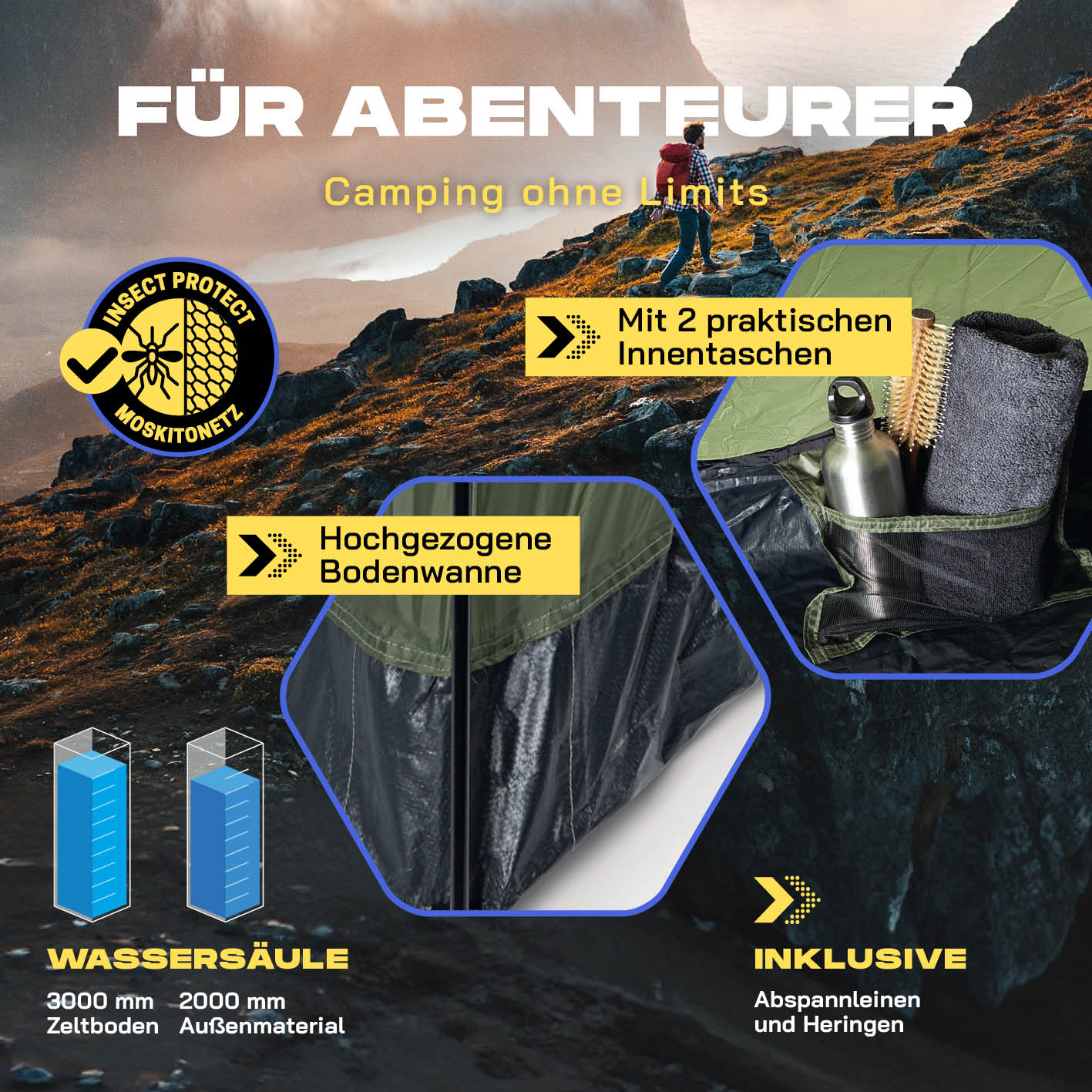 Pop-up-Wurfzelt für 4 Personen - grün mit Mückennetz, hochgezogener Bodenwanne und praktischen Innentaschen für Camping und Outdoor.