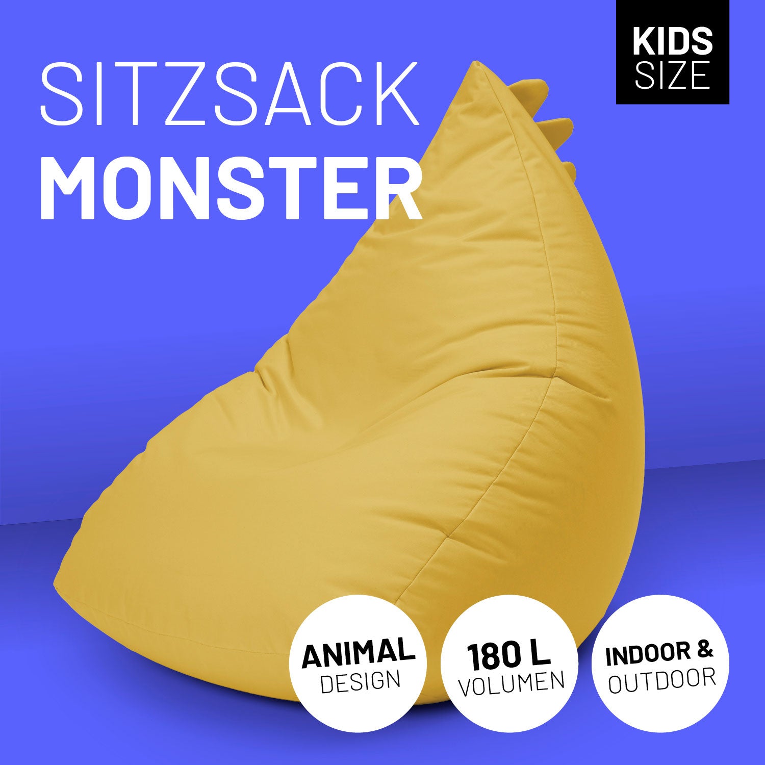 Kindersitzsack Animal Line Monster (180 L) in Senfgelb, wasserabweisend, kuschelig und geeignet für Indoor & Outdoor.