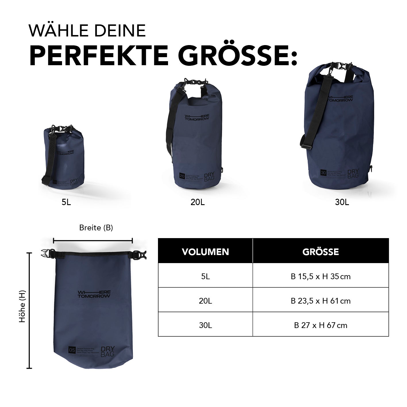 Dry Bag 20L - Style 01 - Dunkelblau in verschiedenen Größen 5L, 20L und 30L mit Maßangaben und praktischem Rolltop-Verschluss.