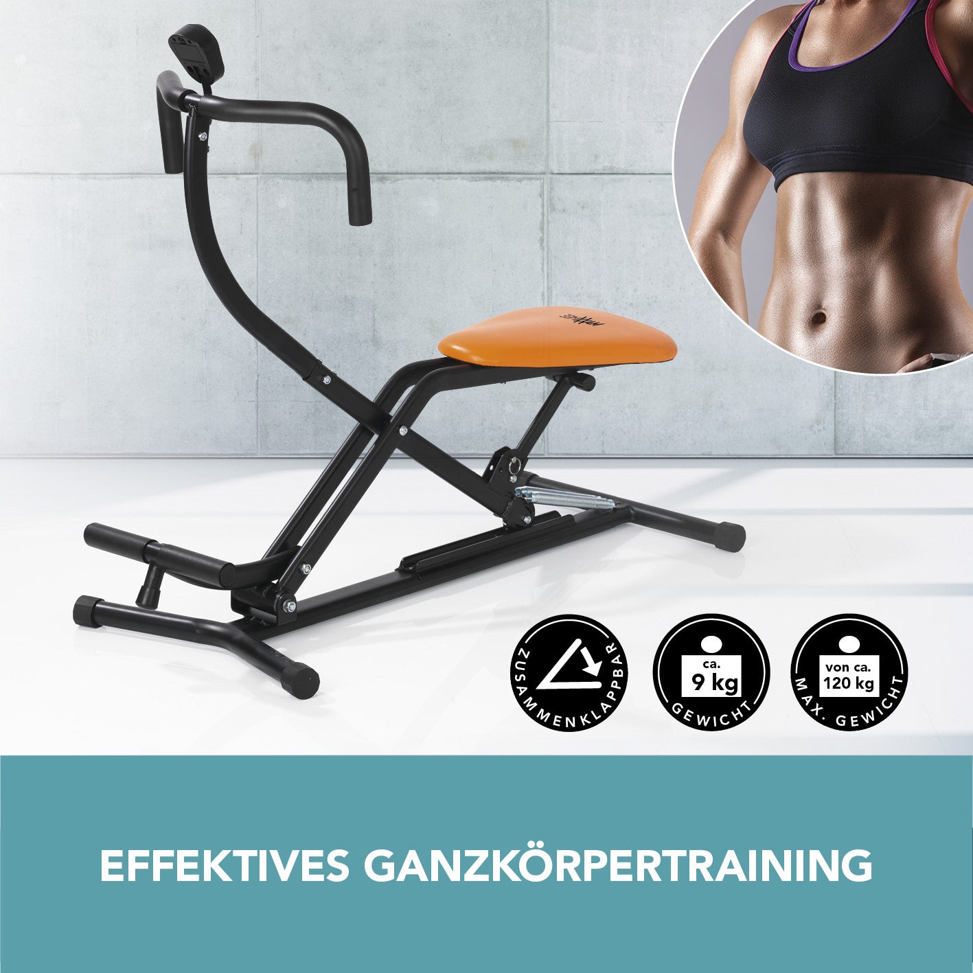 Trainingsgerät Crunch & Glide zur Kräftigung mit Eigengewicht, digitaler Anzeige, platzsparend zusammenklappbar für Ganzkörpertraining.