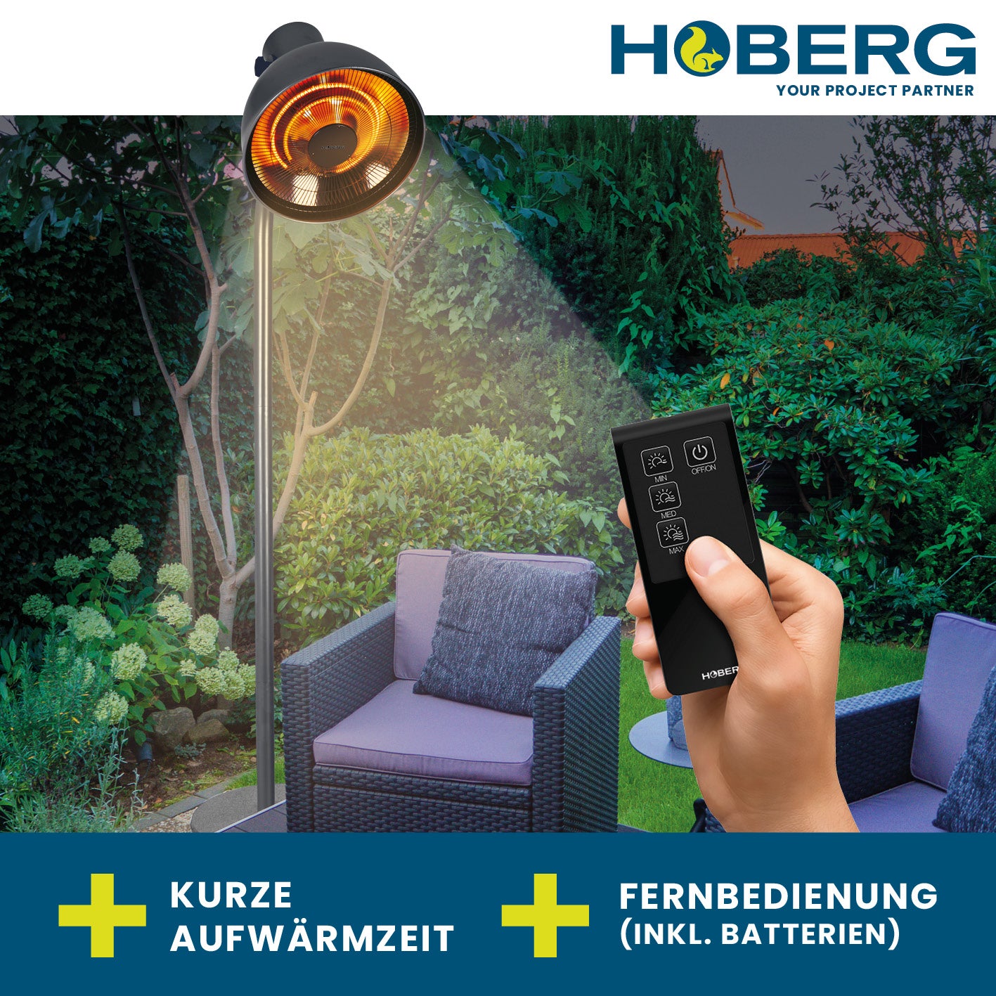 Infrarot-Heizstrahler mit Standfuß im modernen Lampen-Design, mit Fernbedienung und drei Heizstufen für Innen und Außen.