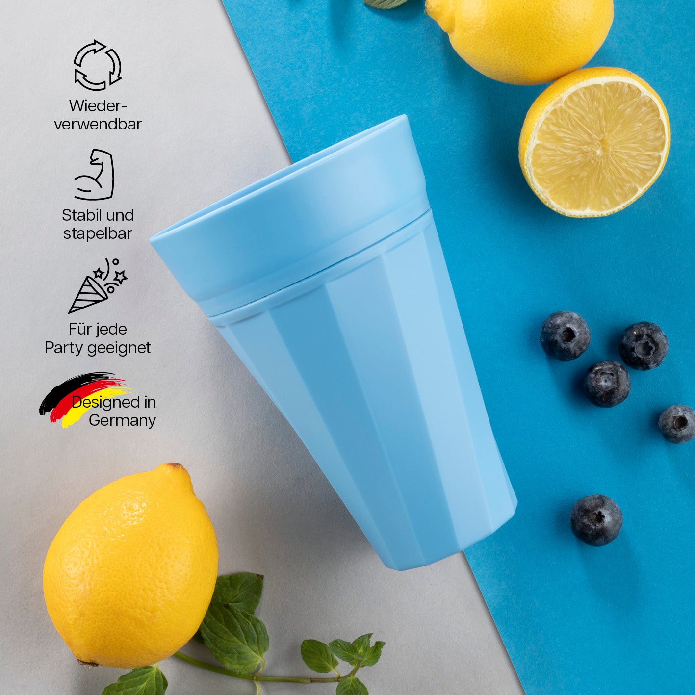Trinkbecher 300ml - Selbstkühlend - 6er-Set - Blau, doppeltwandig, vorgekühlt, kein Verwässern, spülmaschinengeeignet, stapelbar, wiederverwendbar.