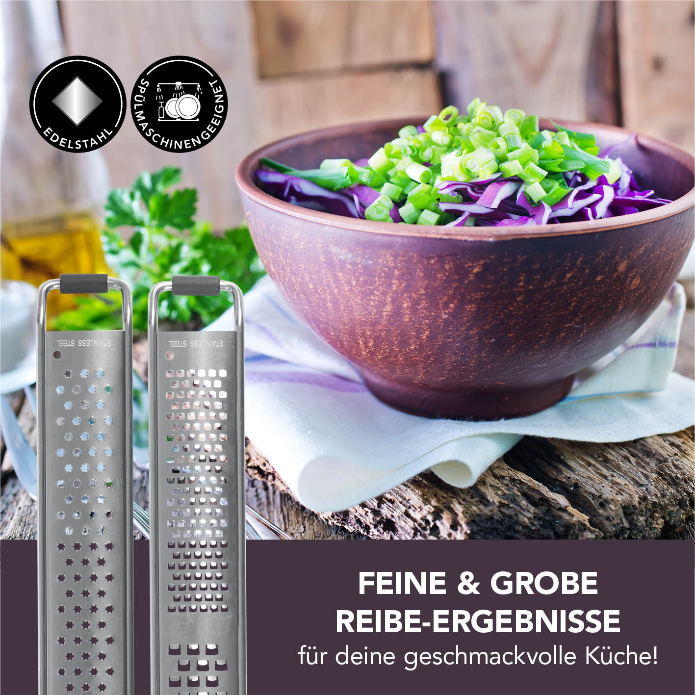 Zester Reibe - 2er-Set mit scharfen Edelstahlzacken und Griff, für feine und grobe Reibe-Ergebnisse, spülmaschinengeeignet.