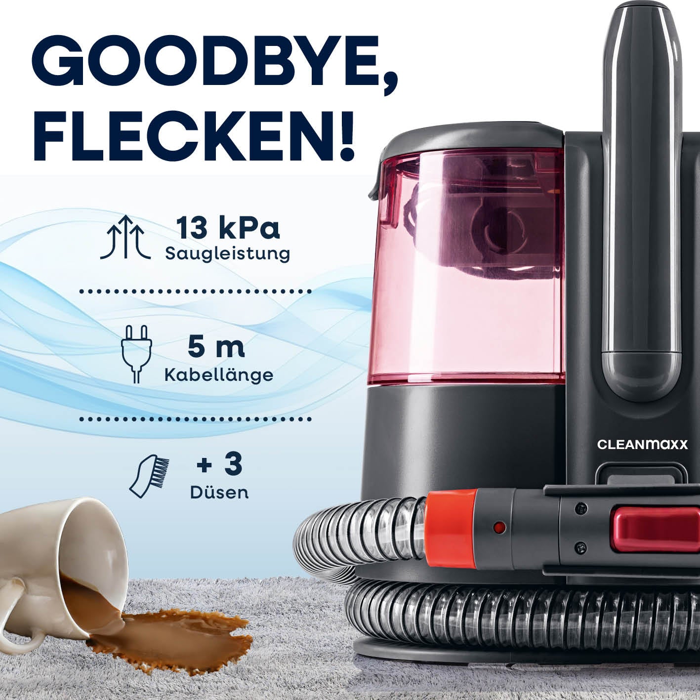 Polster- & Teppichreiniger Pro Power - Grau/Rot mit 13 kPa Saugleistung, 5 m Kabel und 3 Düsen für gründliche Fleckenentfernung.