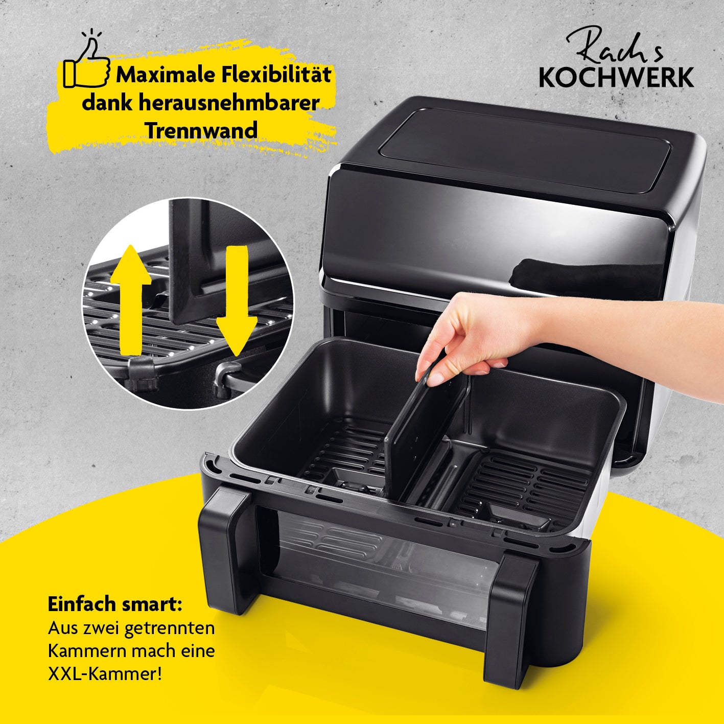 Heißluft-Fritteuse Vario-Doppelkammer 9l mit herausnehmbarer Trennwand für flexible Nutzung als zwei Kammern oder XXL-Kammer.