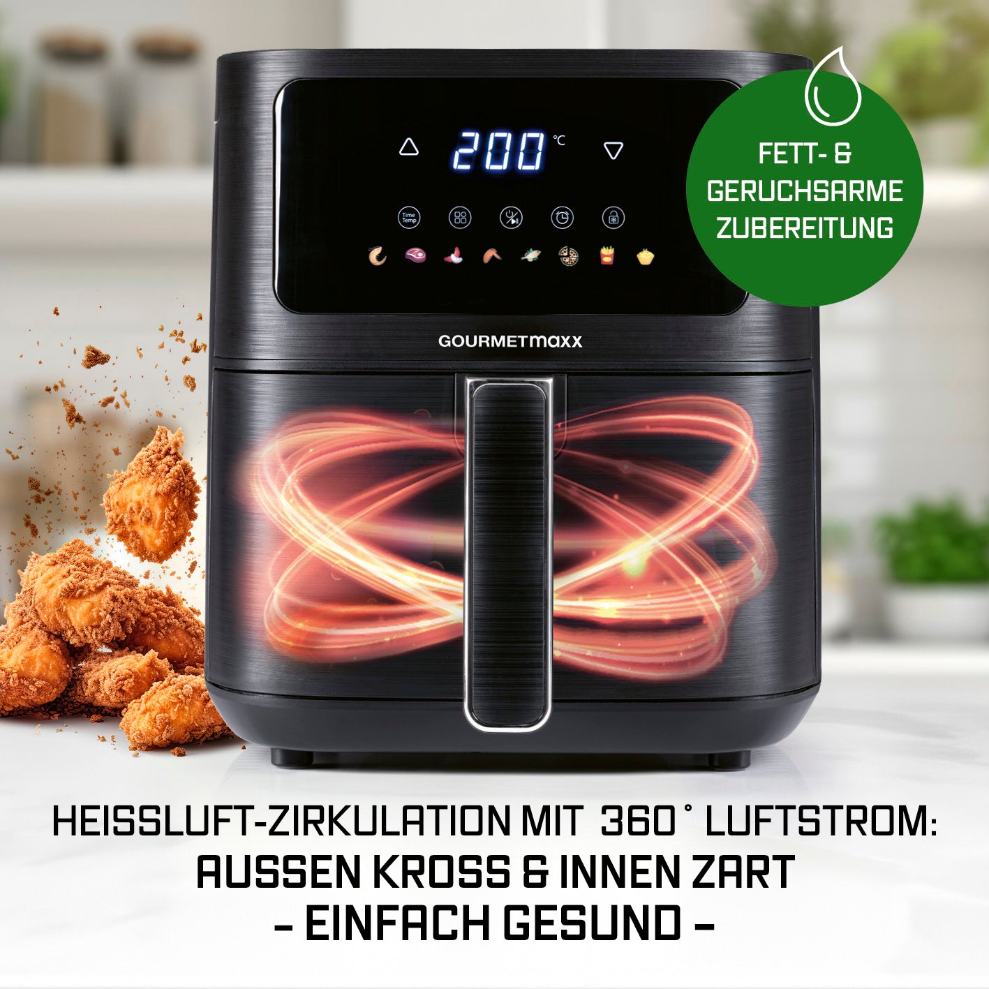 Heißluftfritteuse - 4,5 Liter mit 7,8 Zoll LED-Touchdisplay, 1500 Watt und 6 Funktionen für fettarmes, knuspriges Garen.