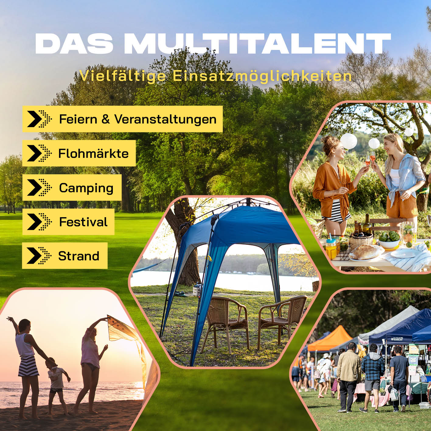 Pop up Pavillon - Blau, vielseitig für Feiern, Camping, Festival; schneller Aufbau, wasserfest mit beiliegender Seitenwand.