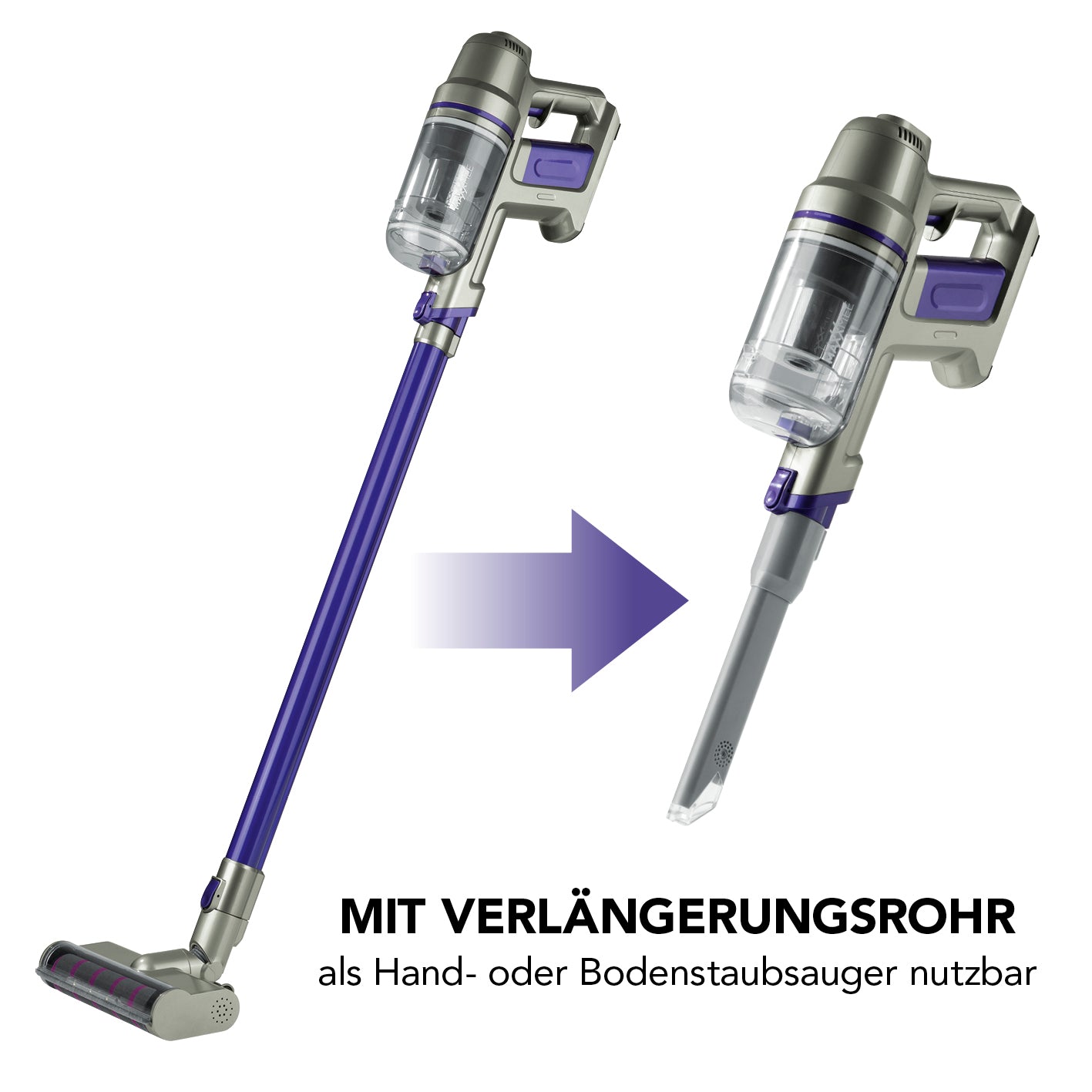 Ersatz-Akku für Akku-Zyklon-Staubsauger lila mit Verlängerungsrohr, nutzbar als Hand- oder Bodenstaubsauger MAXXMEE 25,9V