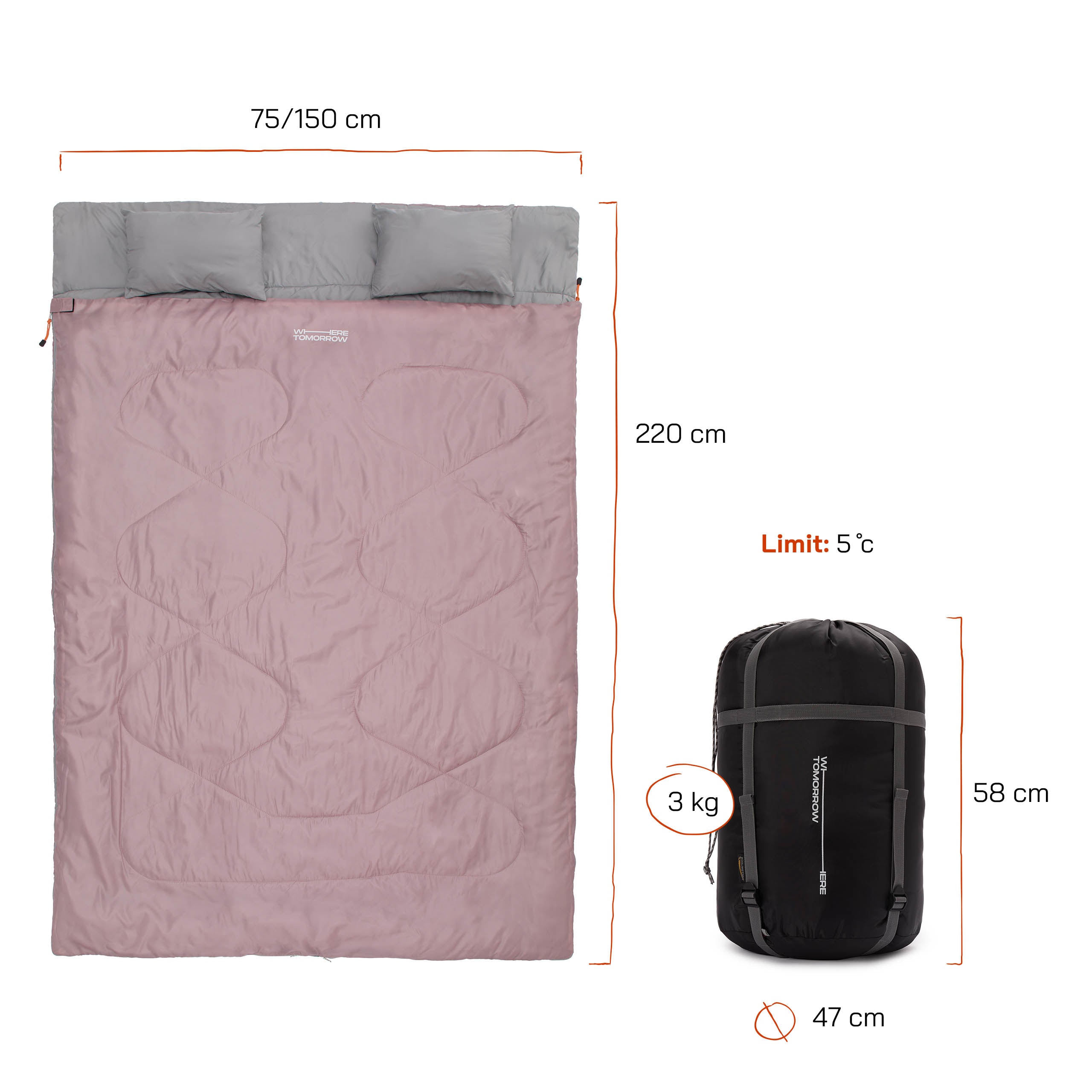 Doppelschlafsack mit Tragetasche - 2-Personen Schlafsack in Rosé, 190 x 150 cm, wasserabweisend, inklusive Tragetasche und Kissenfach.