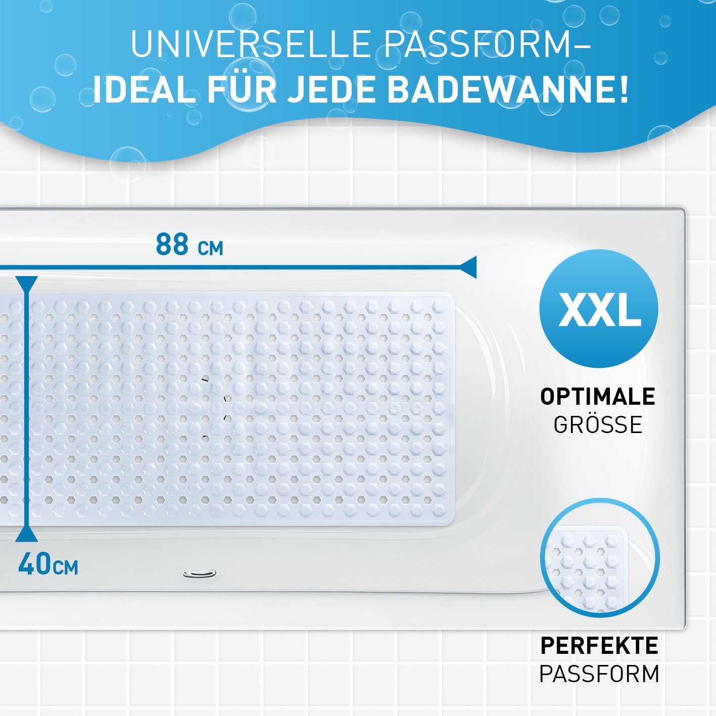 Badewannenmatte 88 x 40 cm – Weiß mit rutschfester Oberfläche und Saugnäpfen für sicheren Halt in jeder Badewanne.