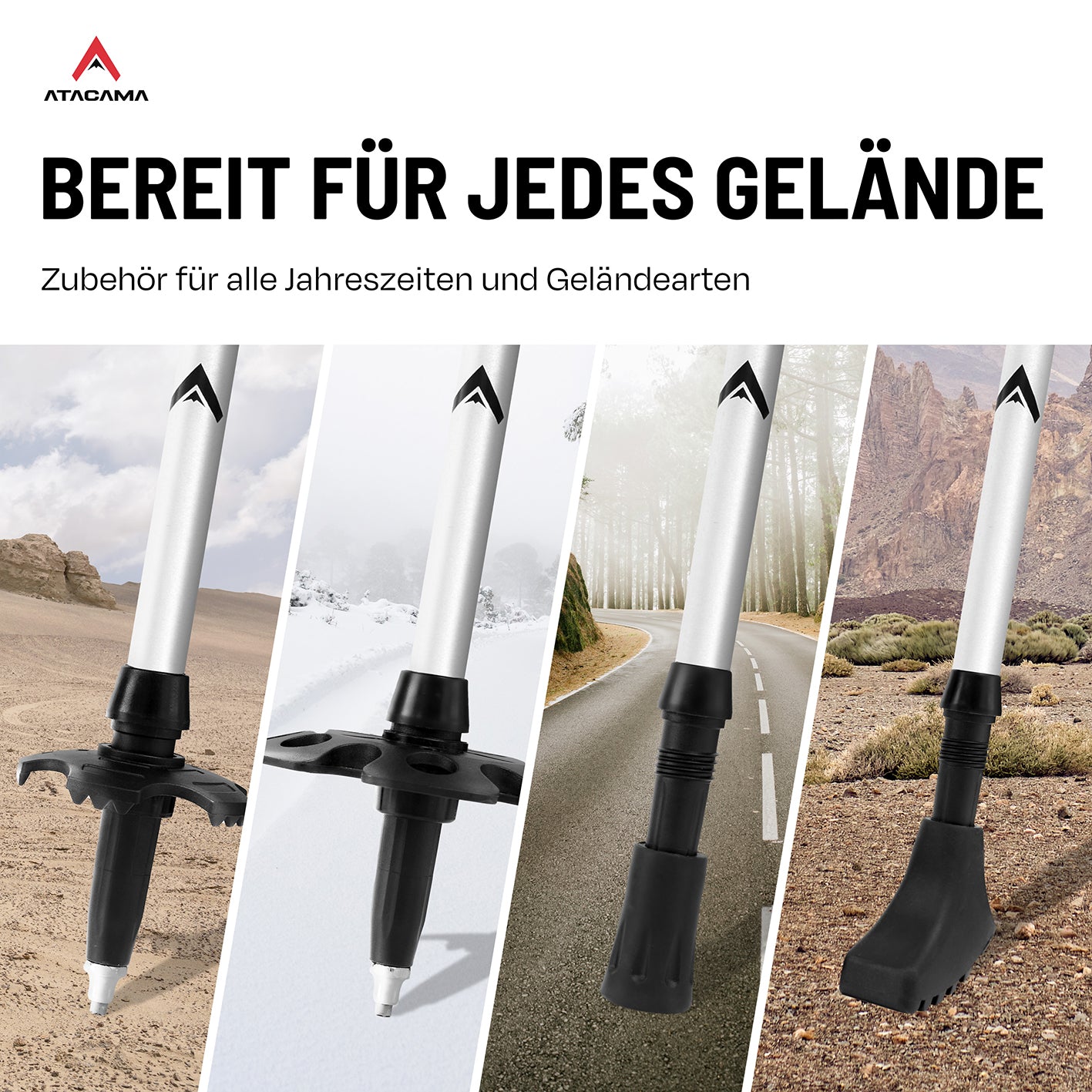 Teleskop Wanderstöcke - CarbonMix - 110 cm / 135 cm mit austauschbarem Zubehör für verschiedene Gelände und Jahreszeiten.