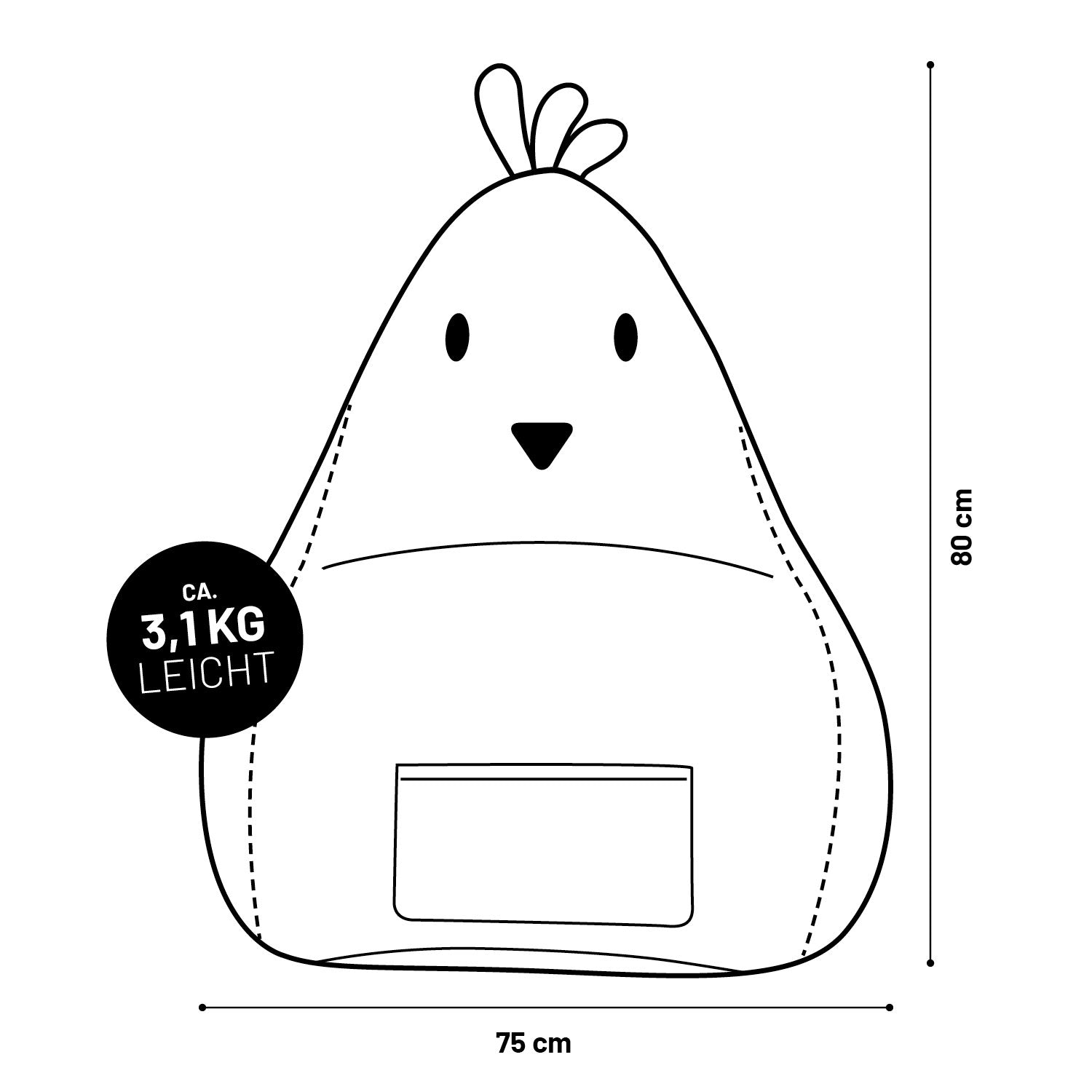 Kindersitzsack Animal Line Chick (200 L) in Senfgelb, weich, wasserabweisend, leicht und ideal für drinnen und draußen.