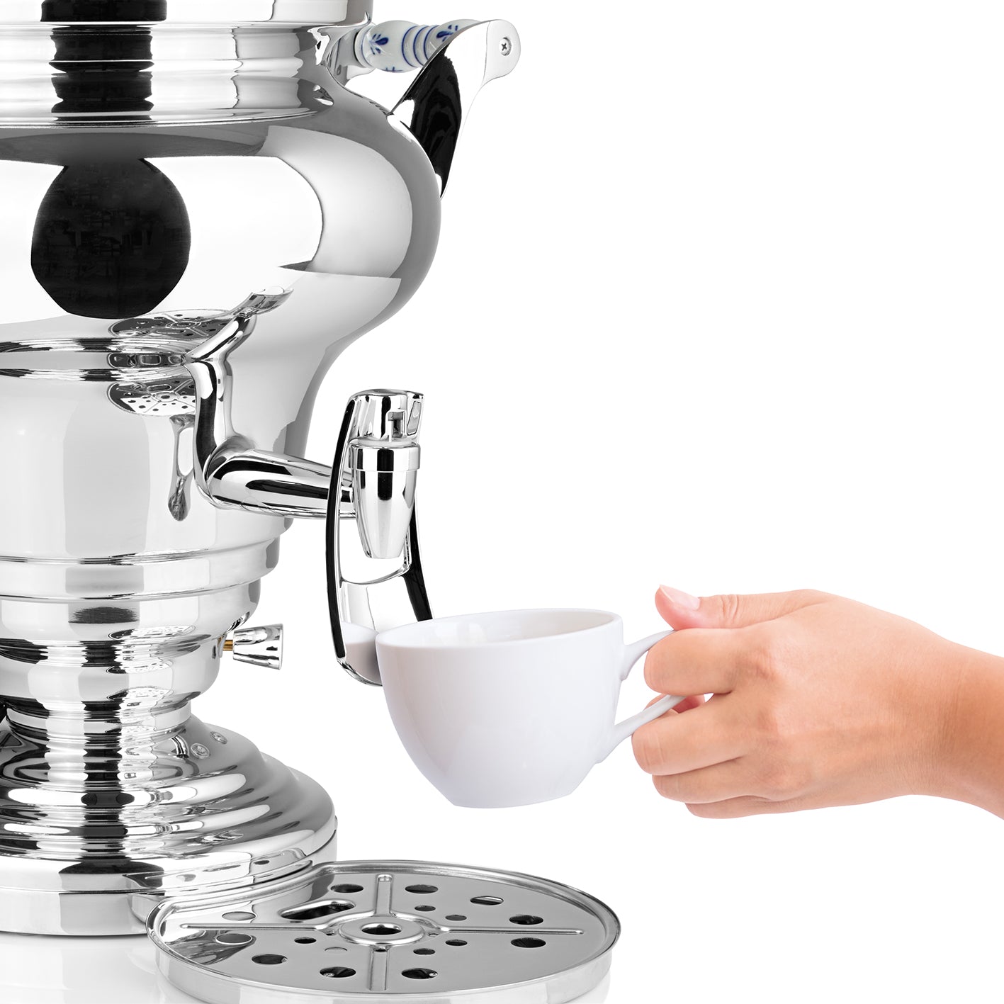 ROYAL+ Samowar - 15 L elektrischer Edelstahl-Samowar mit Dispenser und Abtropfschale, ideal für Tee und Wassererhitzung.