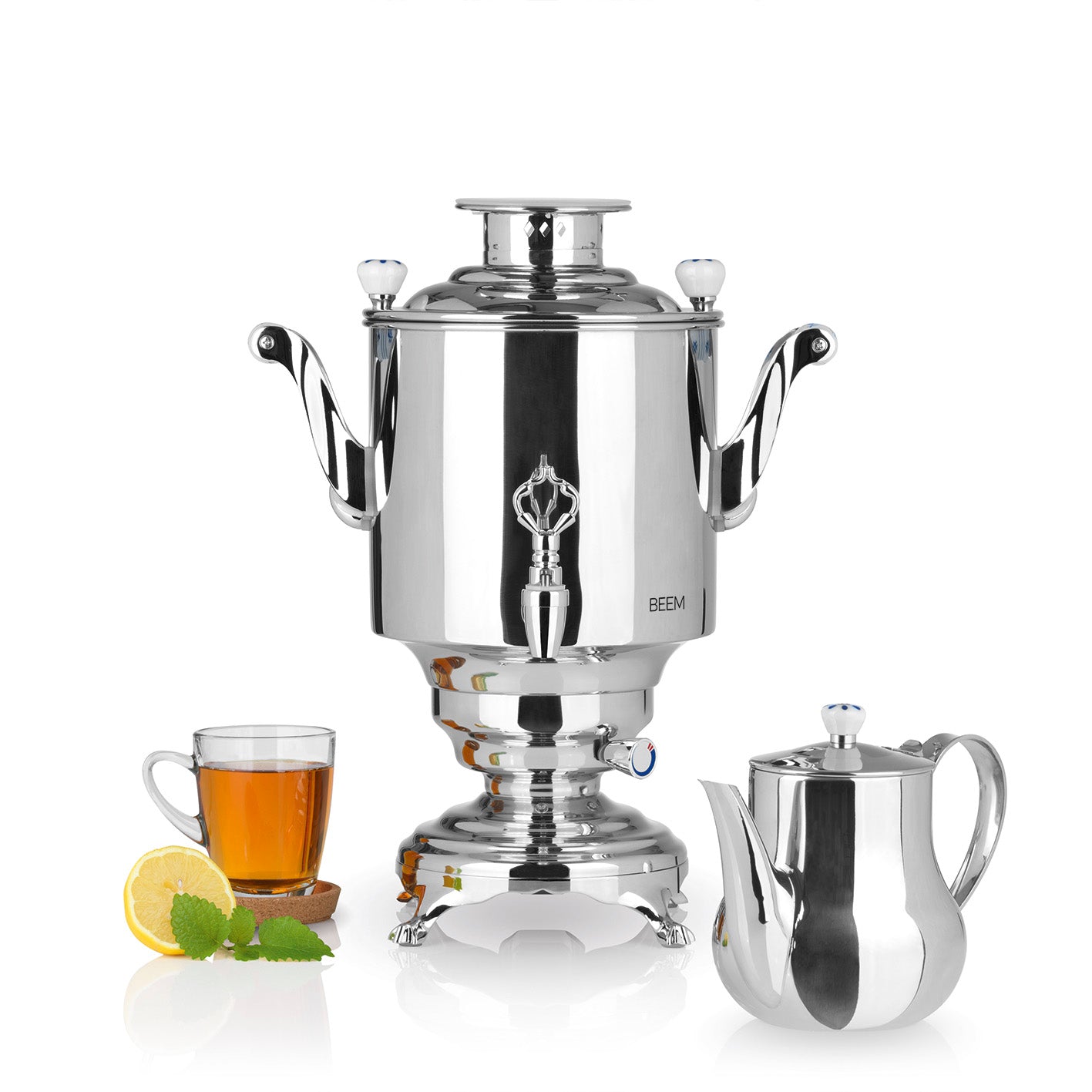 Romanov 1007 III Samowar - 5 Liter - Edelstahl mit Teekanne und Teetasse, professionell für schnelle Teeherstellung geeignet.