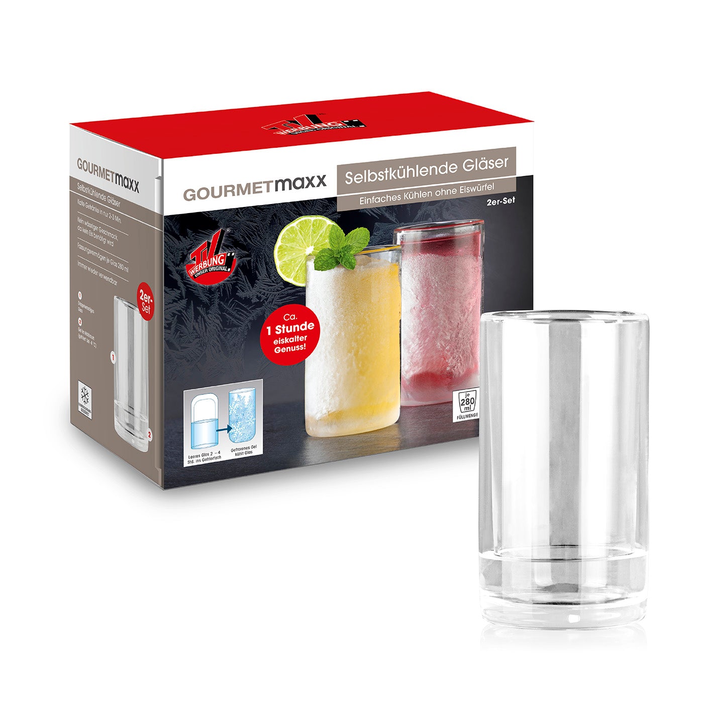 Glas selbstkühlend - 2er-Set je 280 ml mit Cooling-Gel für kalte Getränke ohne Eis, wiederverwendbar und 1 Stunde kühlend.
