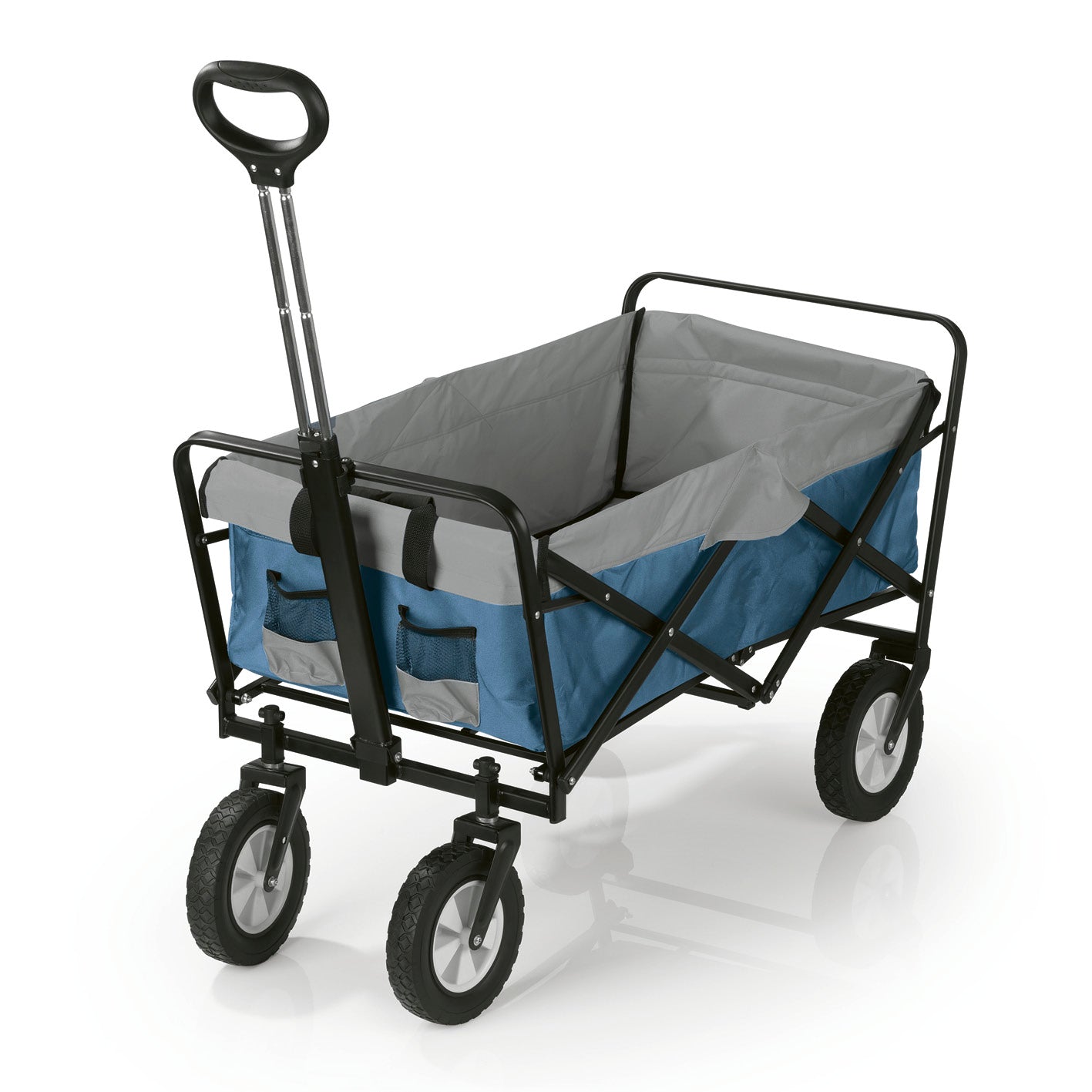 Bollerwagen faltbar - blau/grau mit stabilem Stahlrahmen, wetterfestem Bezug, 360° drehbaren Rädern und ausziehbarem Teleskopgriff bis 80 kg Traglast.