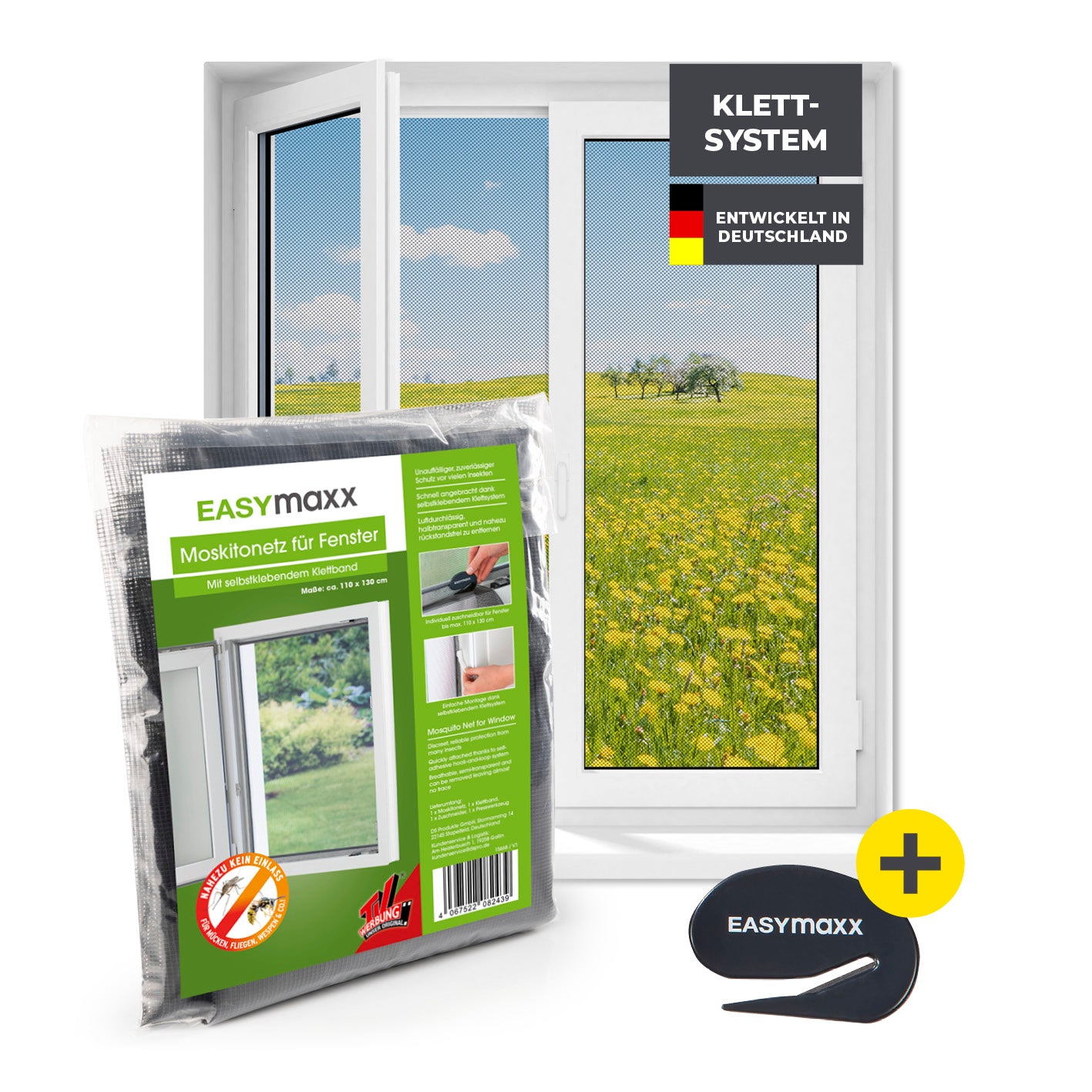 Moskitonetz für Fenster mit selbstklebendem Klettband 110x130 cm Schwarz schützt zuverlässig vor Insekten, einfache Montage ohne Bohren.