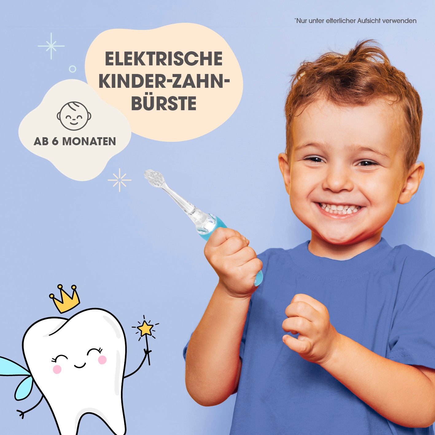 Elektrische Kinder-Zahnbürste mit Smart Timer ab 6 Monate in Blau/Weiß, fördert spielerisch die Zahnpflege bei Kindern.
