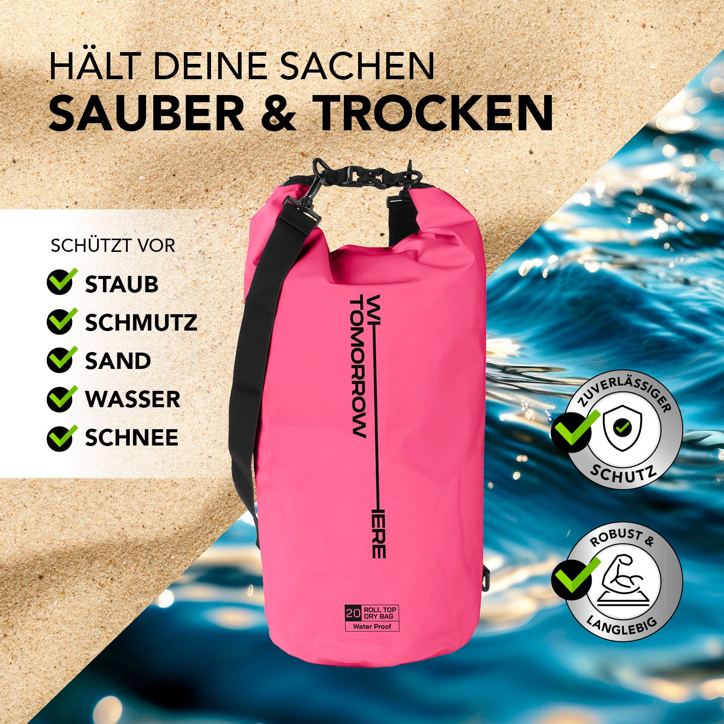 Dry Bag 20L - Style 02 - Pink, wasserdichter, robuster Outdoor-Rucksack mit Rolltop-Verschluss schützt vor Staub, Sand, Wasser und Schnee.