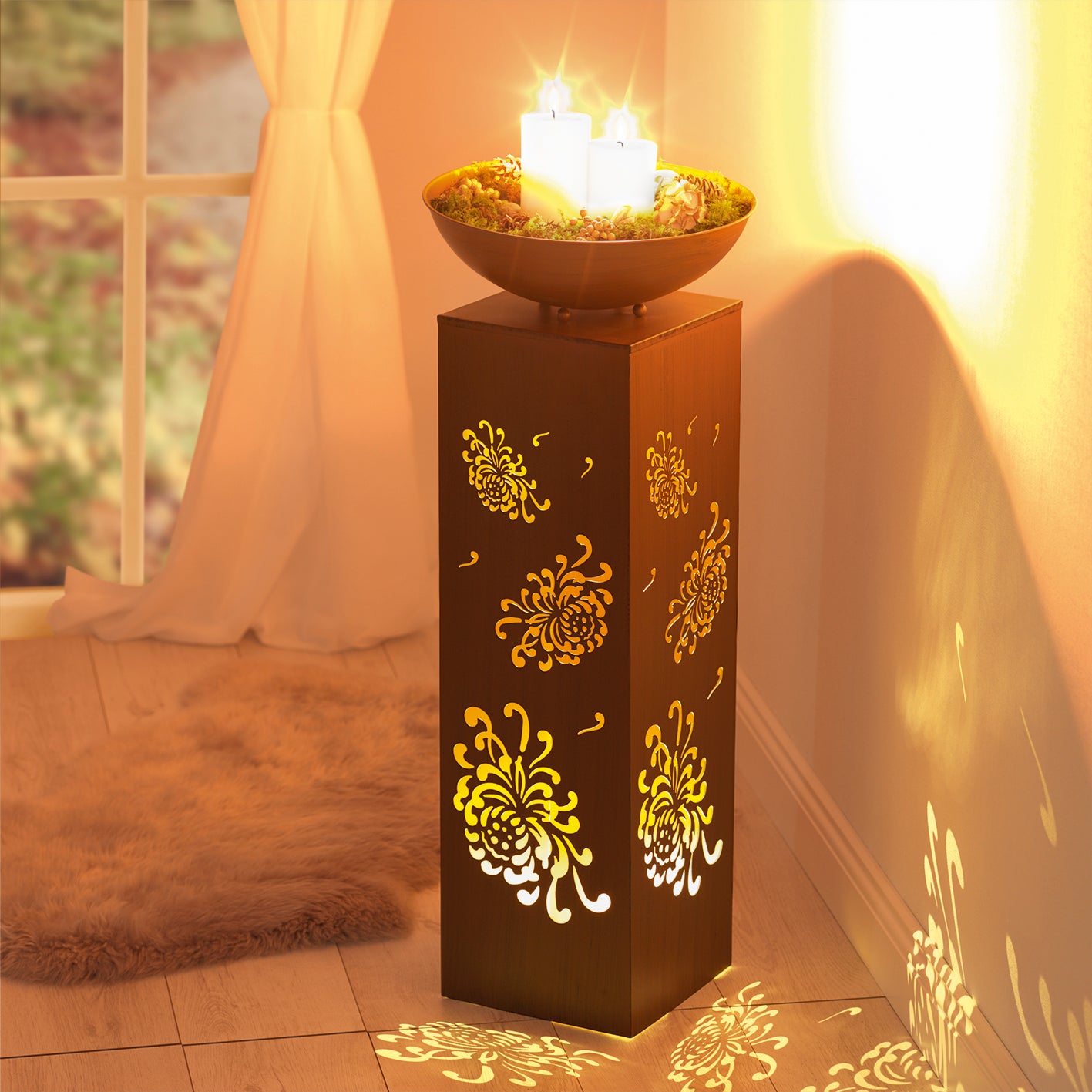 LED-Dekosäule mit Planzschale Rost-Optik "Bauernrose" - 87 cm, beleuchtet, floral, batteriebetrieben, für Wohnzimmer und Terrasse.