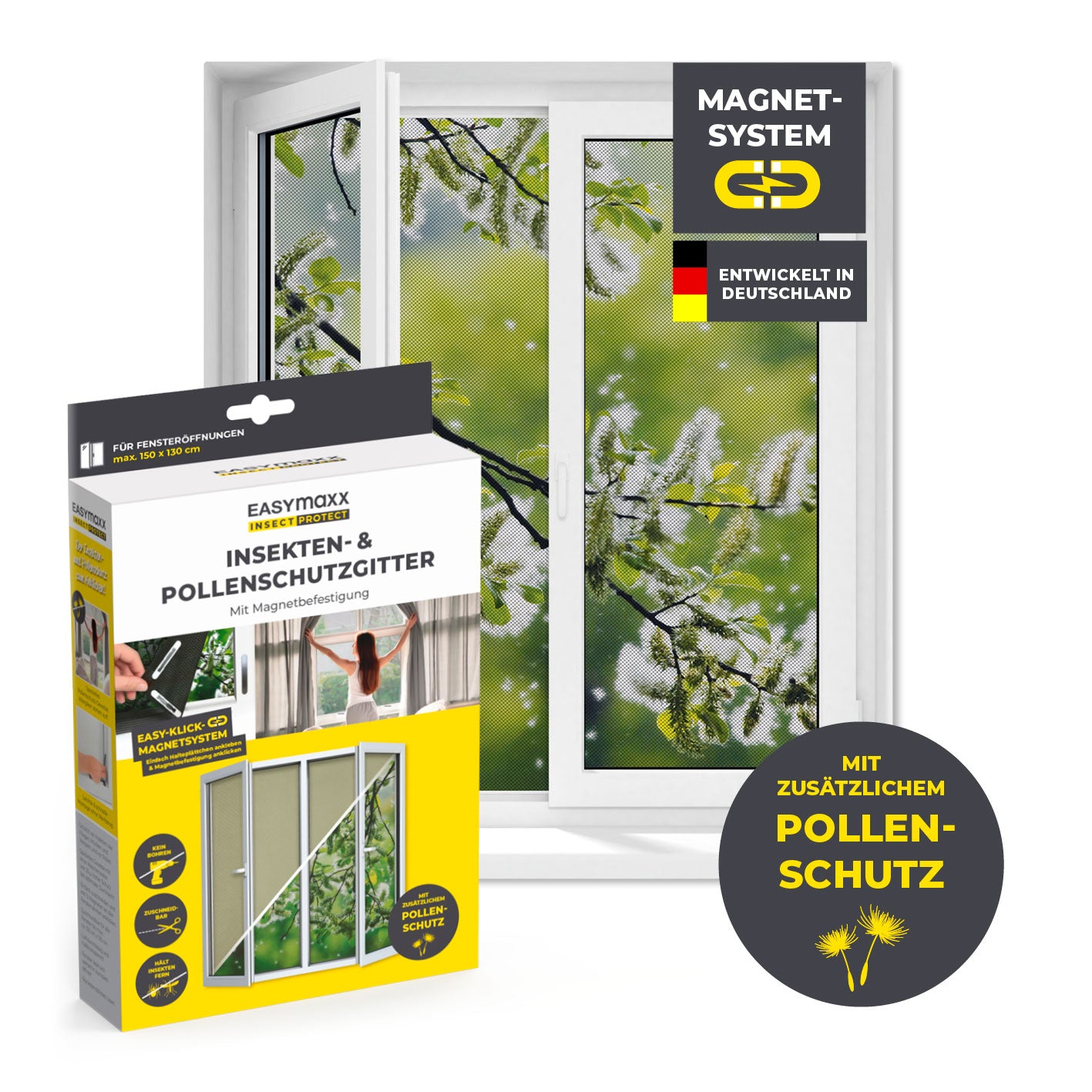 Insekten- & Pollenschutzgitter mit Magnetbefestigung für Fenster bis zu 130 x 150 cm, schützt vor Insekten und Pollen.