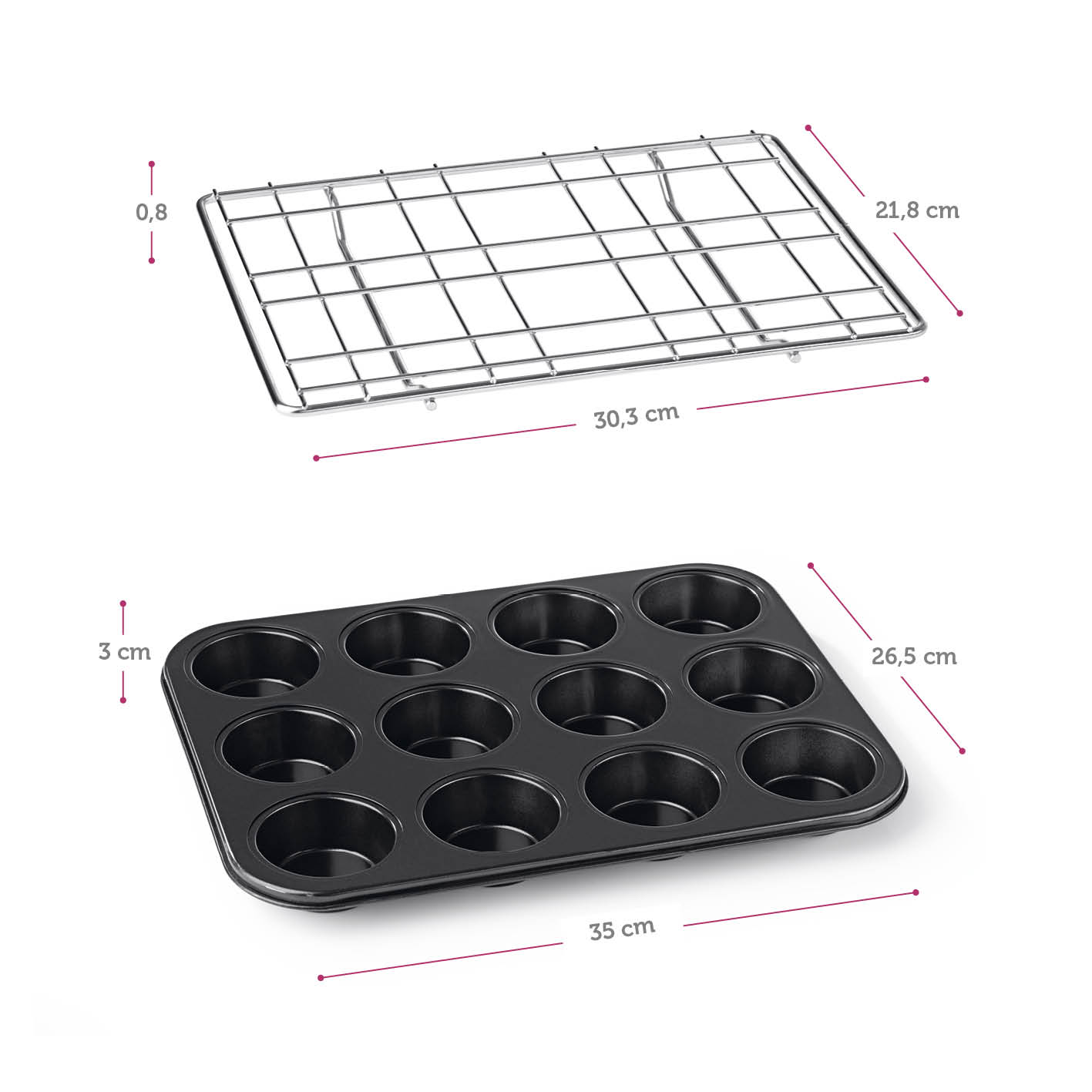 CuCap Backform + Zentrierungshilfe + Silikon-Backförmchen mit Maßen für stabiles, zentrales Backen von Küchlein.