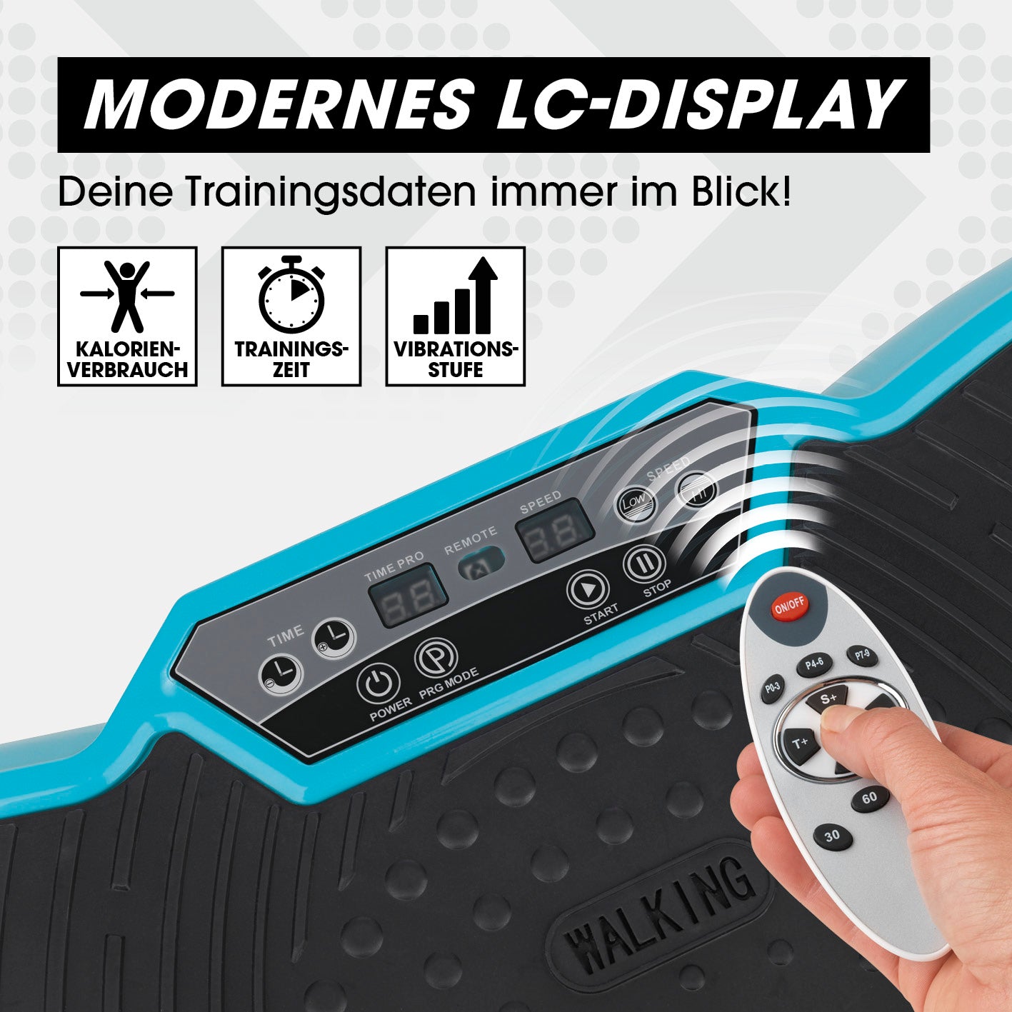 Vibrationstrainer - 4-tlg. - türkis mit modernem LCD-Display zeigt Vibrationsstufen, Trainingszeit und Kalorienverbrauch an.